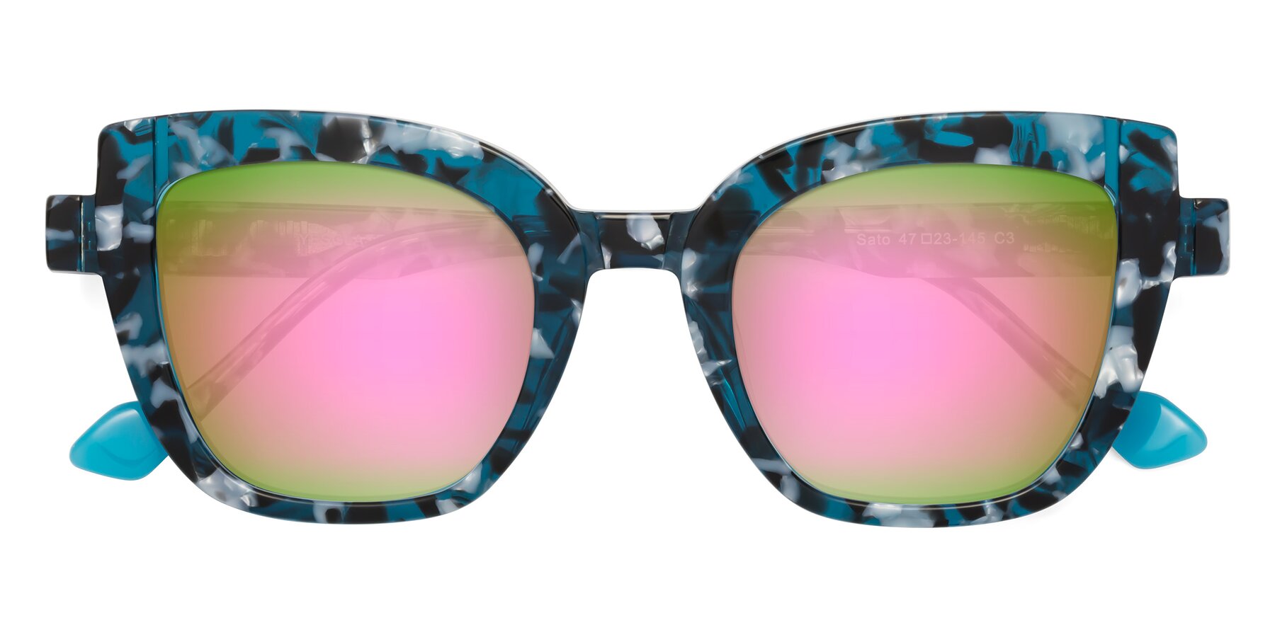 Folded Front of Sato in Tortoise Blue with Pink Mirrored Lenses