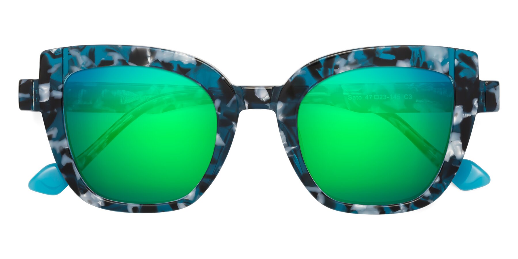 Folded Front of Sato in Tortoise Blue with Green Mirrored Lenses