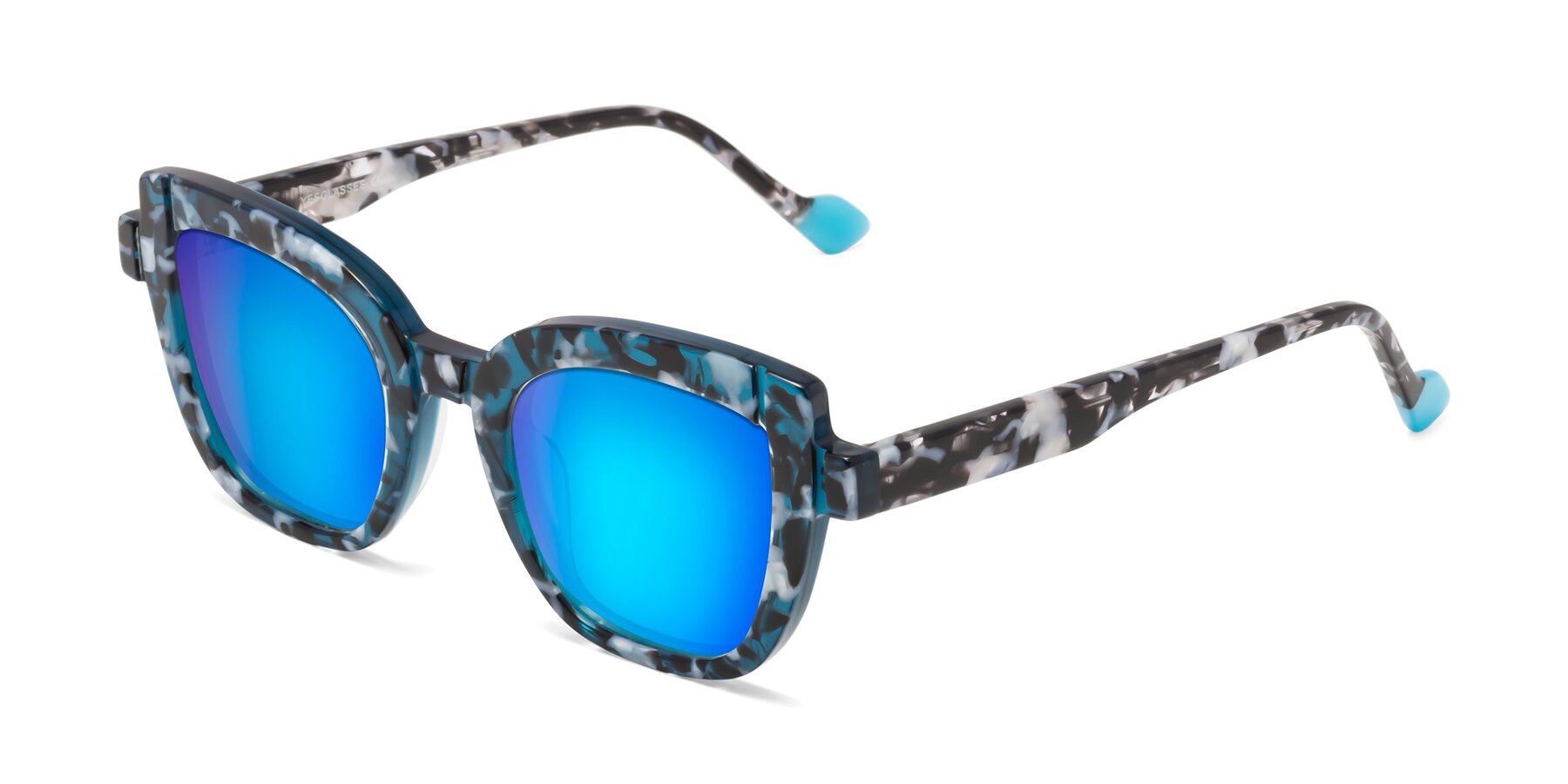 Angle of Sato in Tortoise Blue with Blue Mirrored Lenses