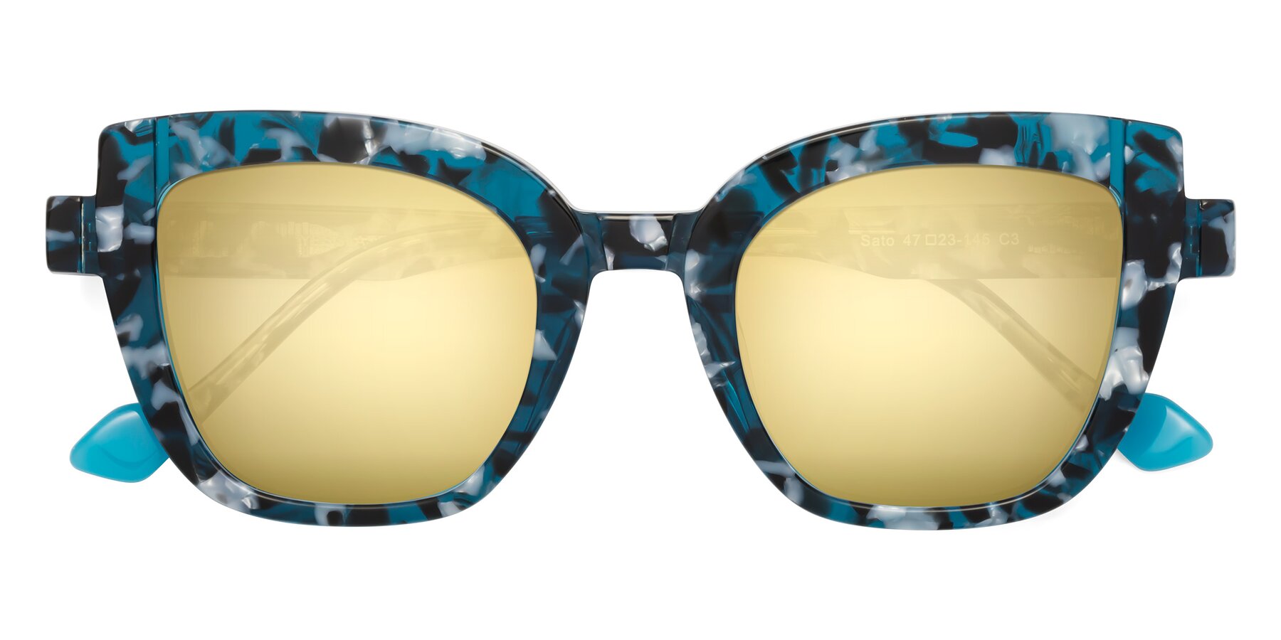 Folded Front of Sato in Tortoise Blue with Gold Mirrored Lenses