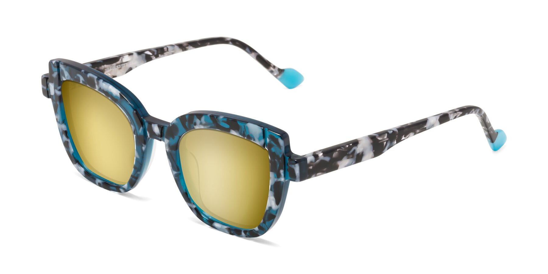 Angle of Sato in Tortoise Blue with Gold Mirrored Lenses