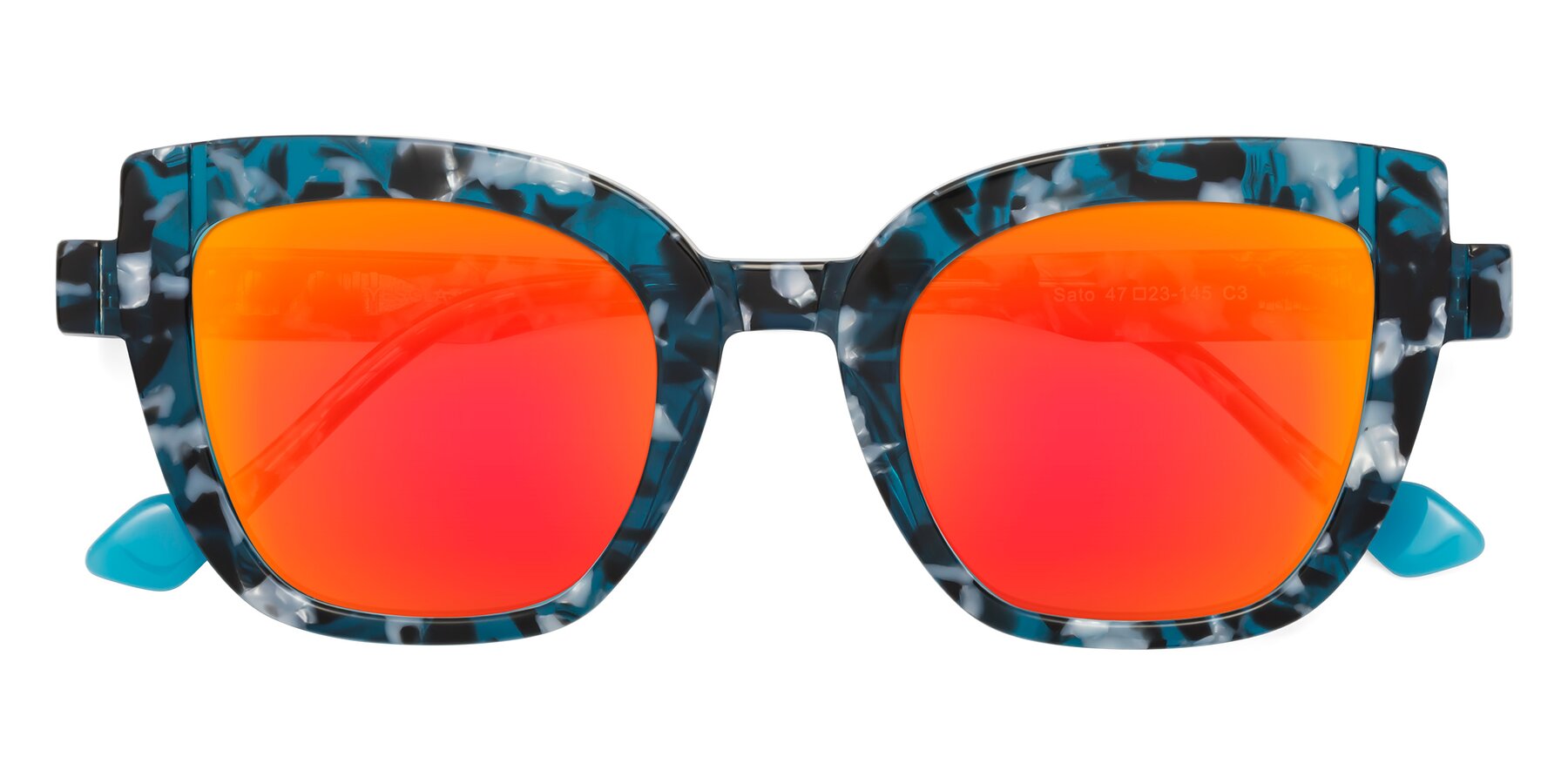 Folded Front of Sato in Tortoise Blue with Red Gold Mirrored Lenses