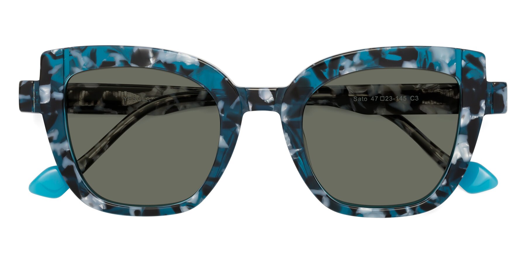 Folded Front of Sato in Tortoise Blue with Gray Polarized Lenses
