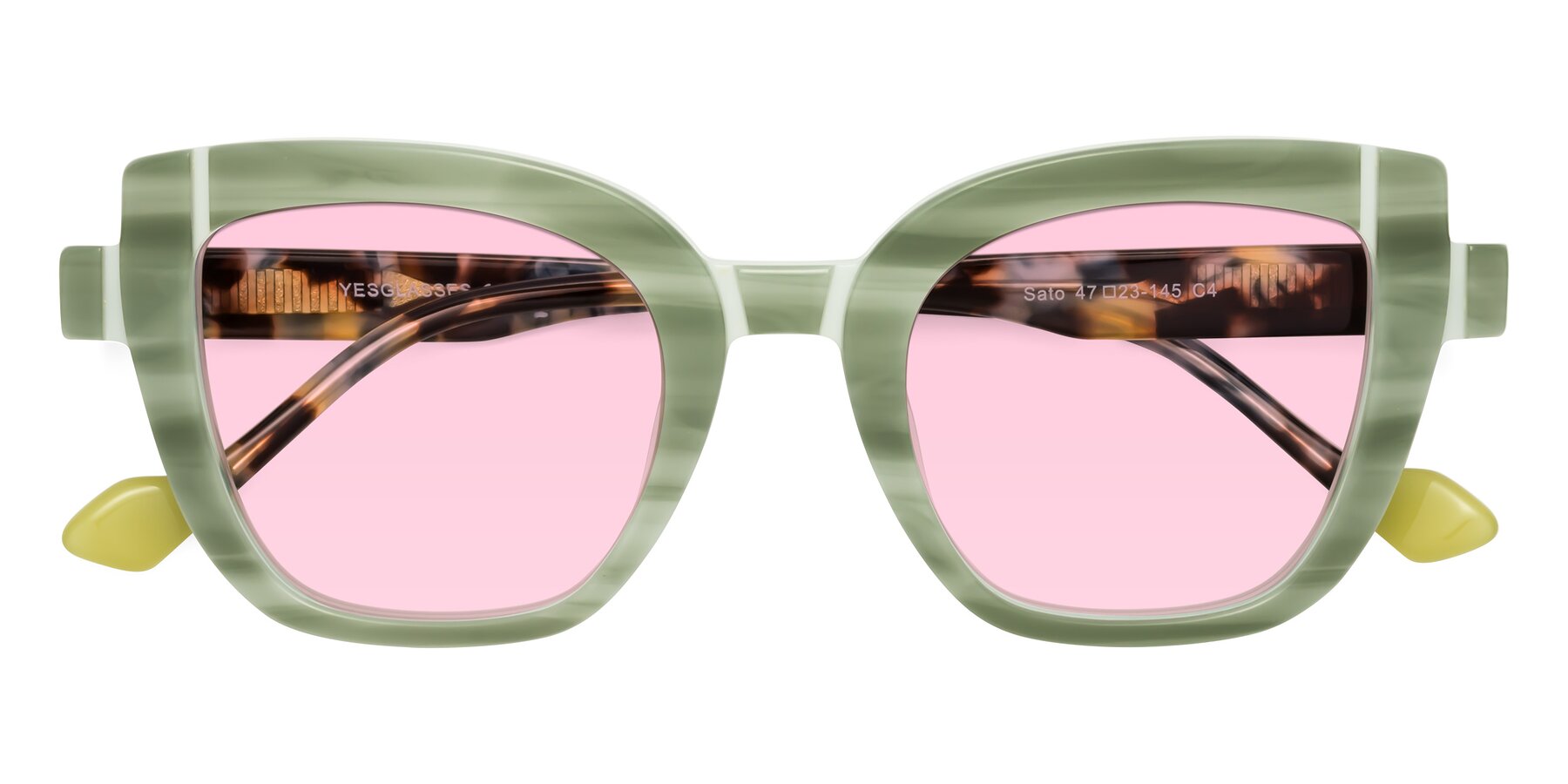 Folded Front of Sato in Stripe Green with Light Pink Tinted Lenses