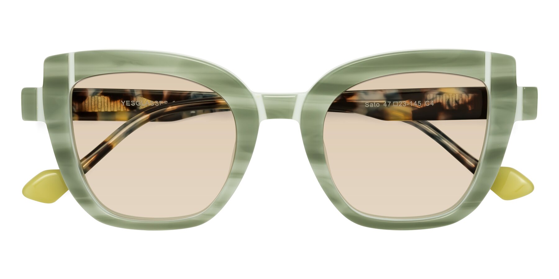 Folded Front of Sato in Stripe Green with Light Brown Tinted Lenses