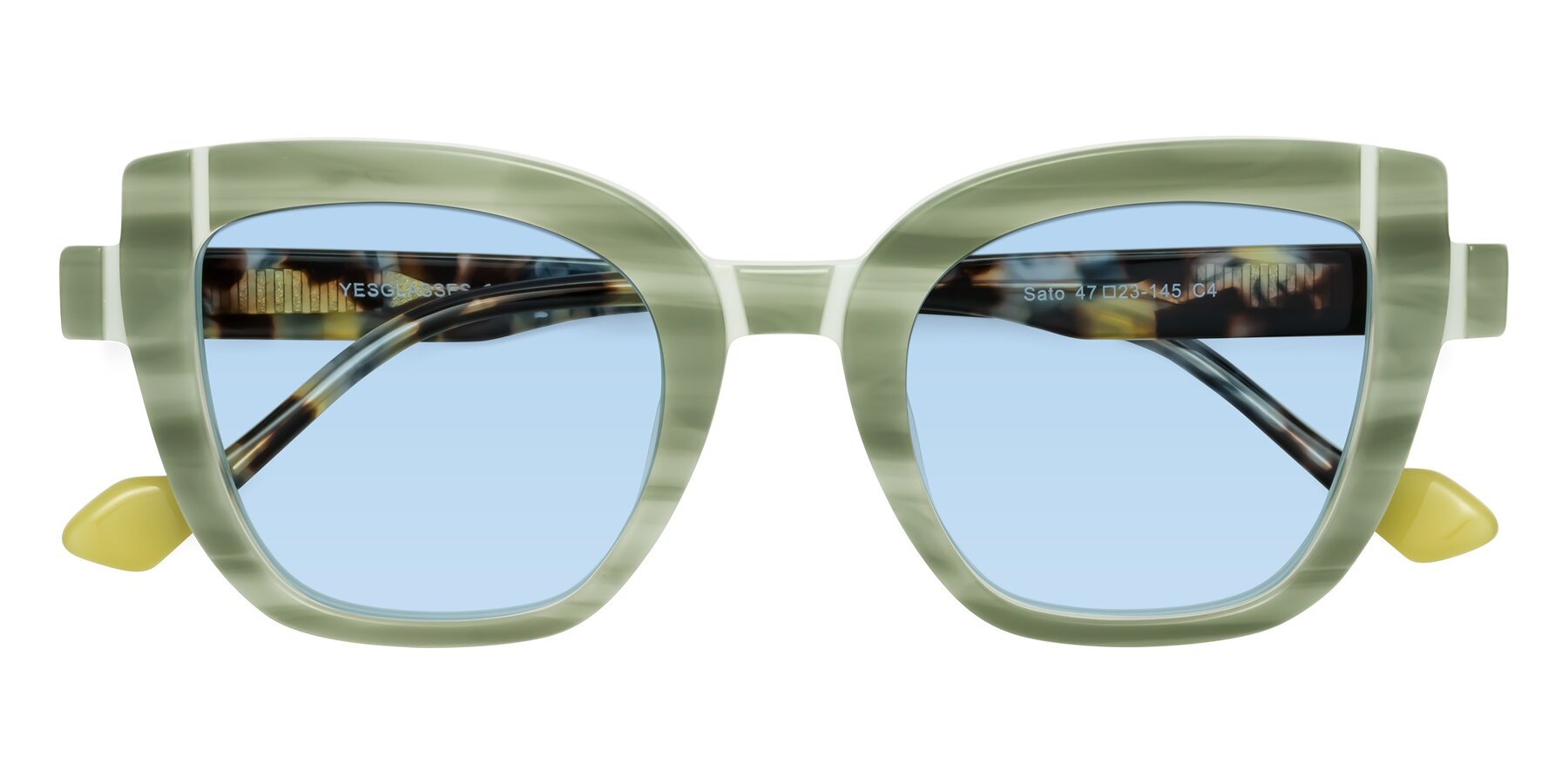 Folded Front of Sato in Stripe Green with Light Blue Tinted Lenses