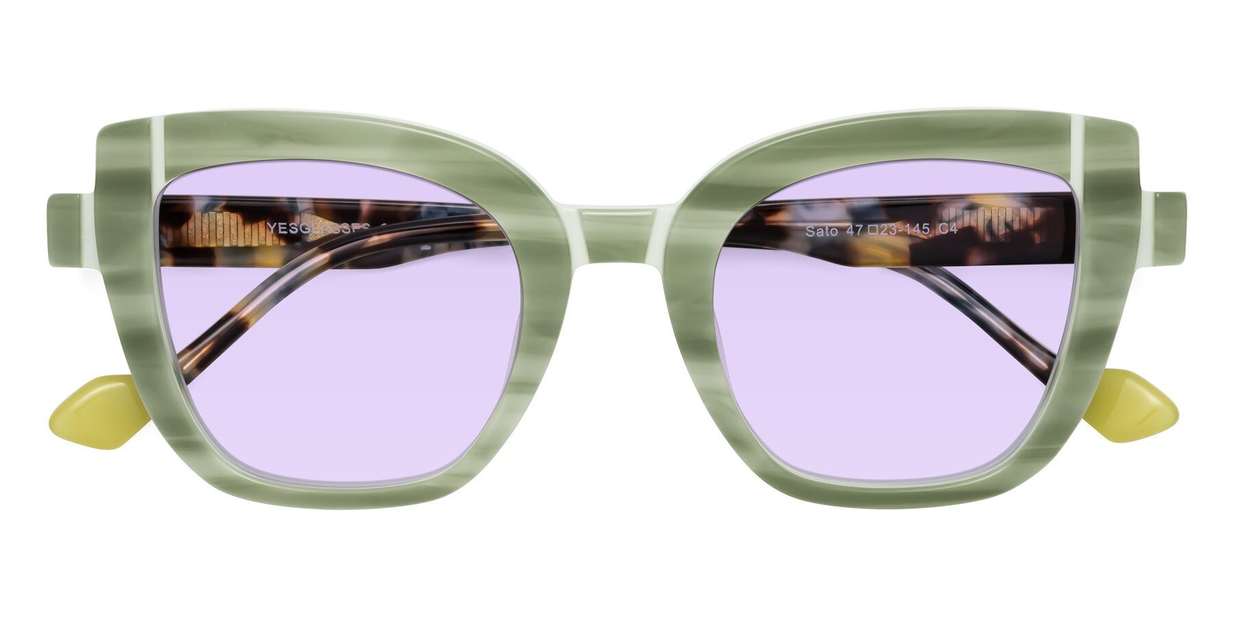 Folded Front of Sato in Stripe Green with Light Purple Tinted Lenses