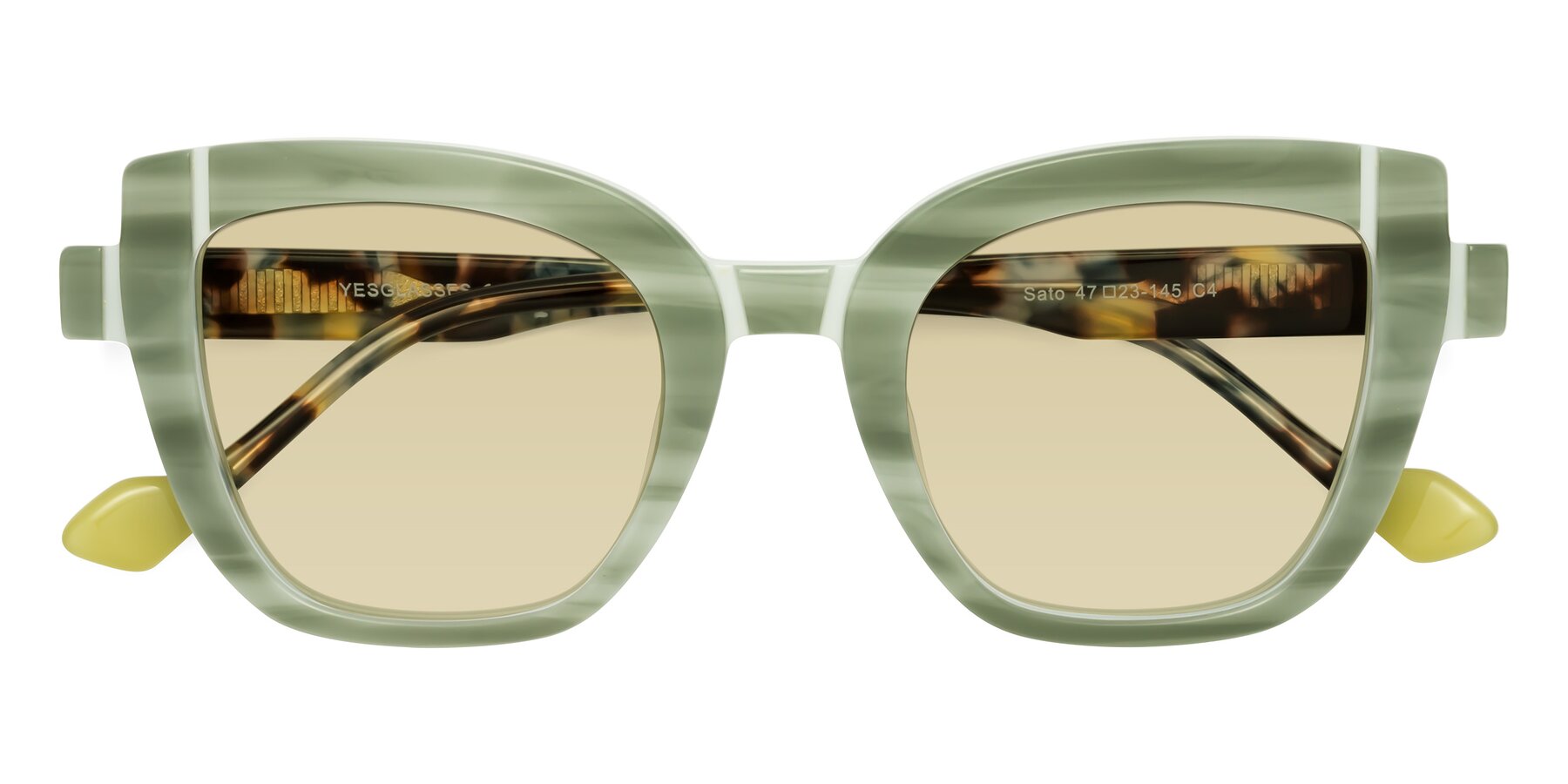 Folded Front of Sato in Stripe Green with Light Champagne Tinted Lenses