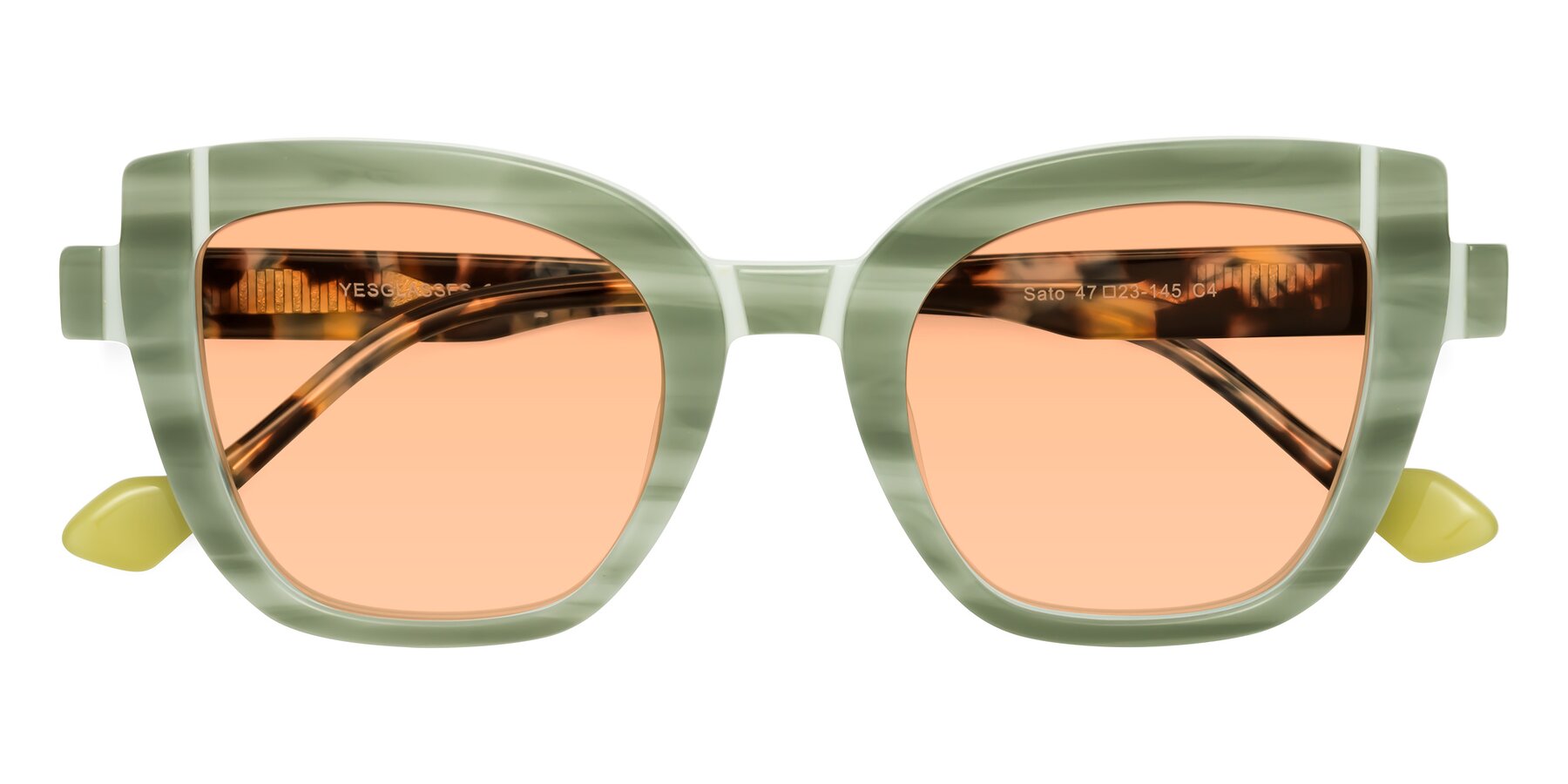 Folded Front of Sato in Stripe Green with Light Orange Tinted Lenses