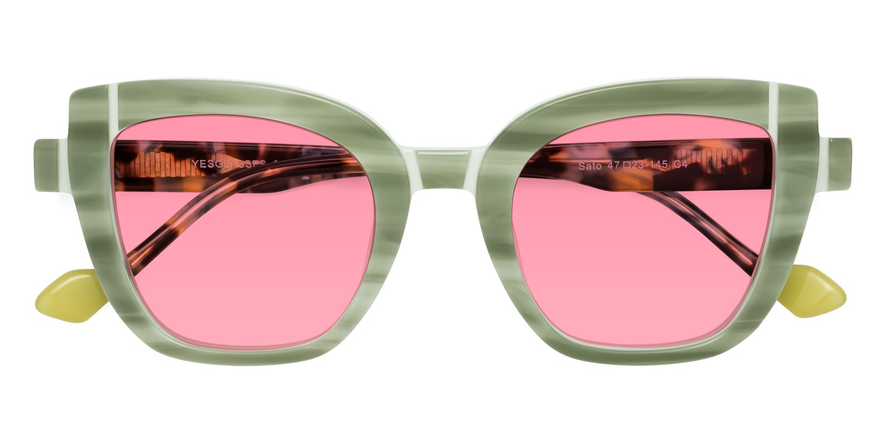 Folded Front of Sato in Stripe Green with Pink Tinted Lenses