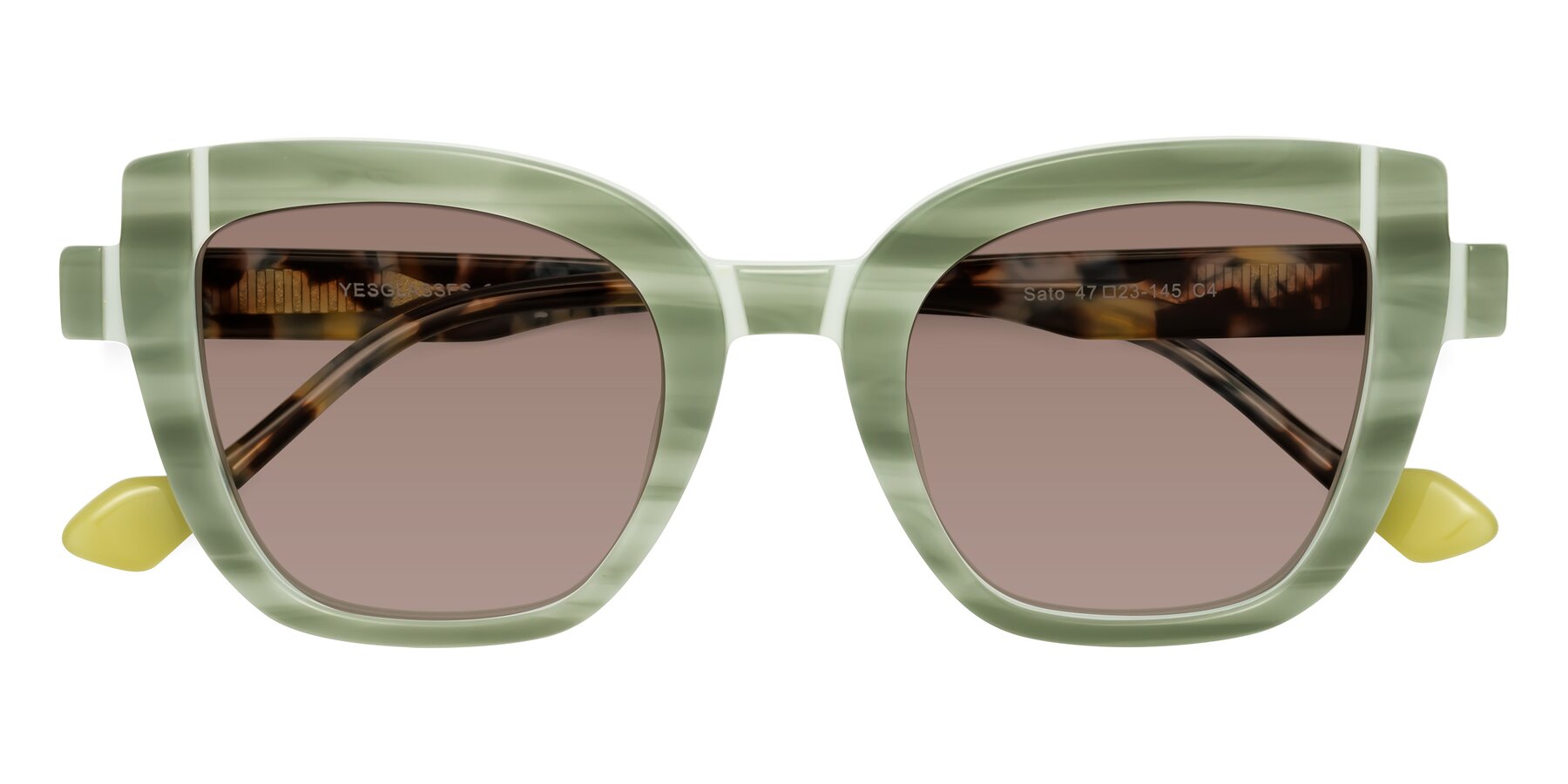 Folded Front of Sato in Stripe Green with Medium Brown Tinted Lenses