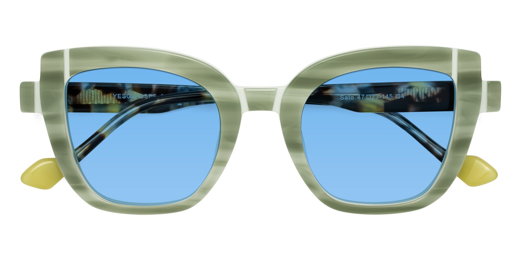 Folded Front of Sato in Stripe Green with Medium Blue Tinted Lenses