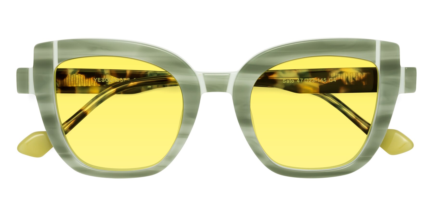 Folded Front of Sato in Stripe Green with Medium Yellow Tinted Lenses