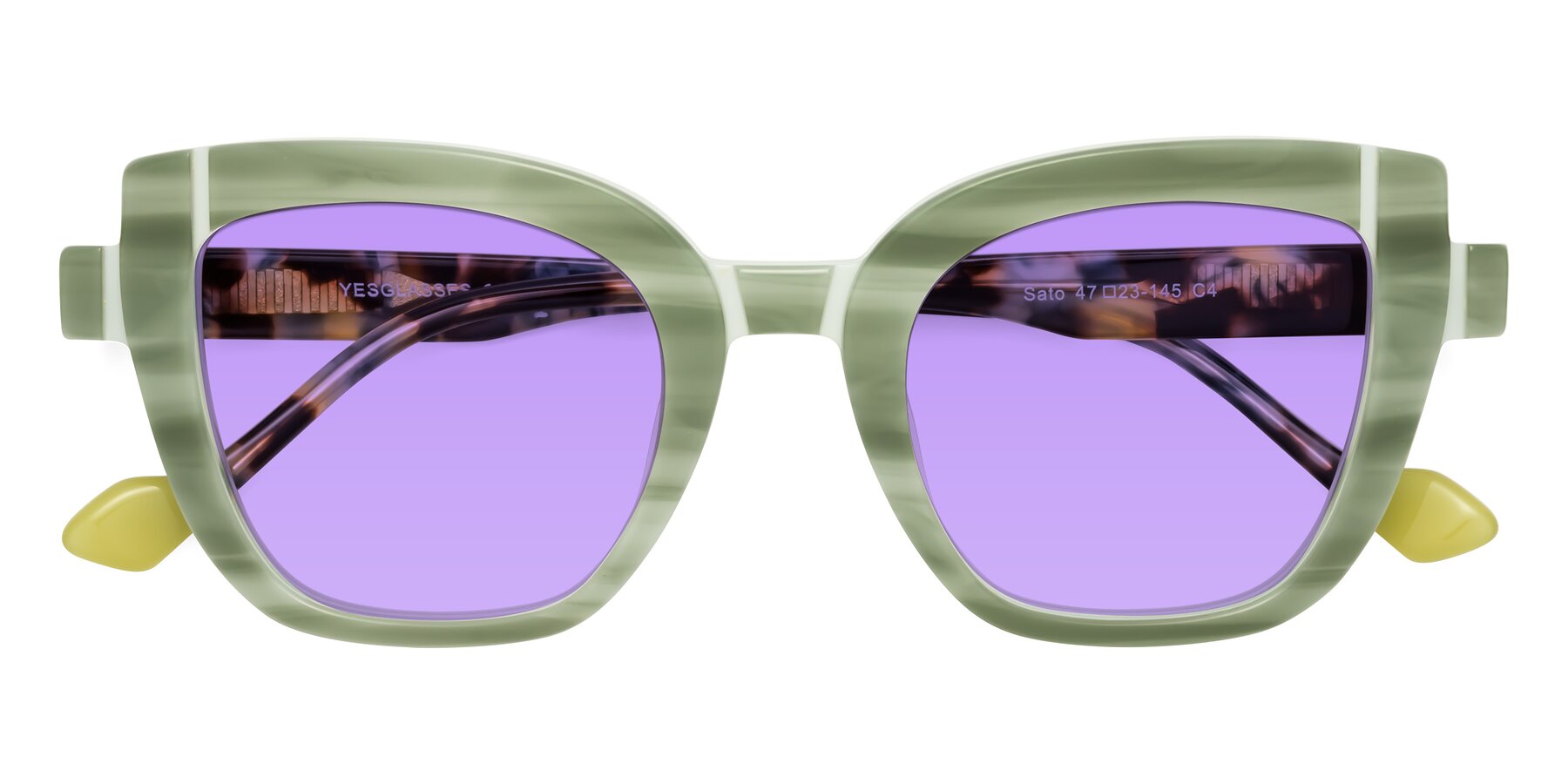 Folded Front of Sato in Stripe Green with Medium Purple Tinted Lenses