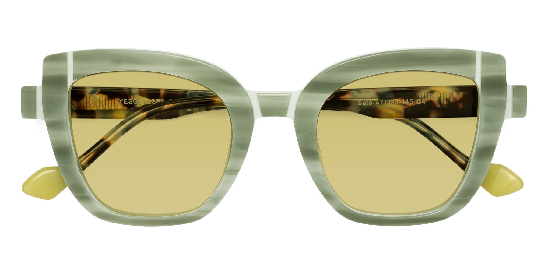 Folded Front of Sato in Stripe Green with Medium Champagne Tinted Lenses