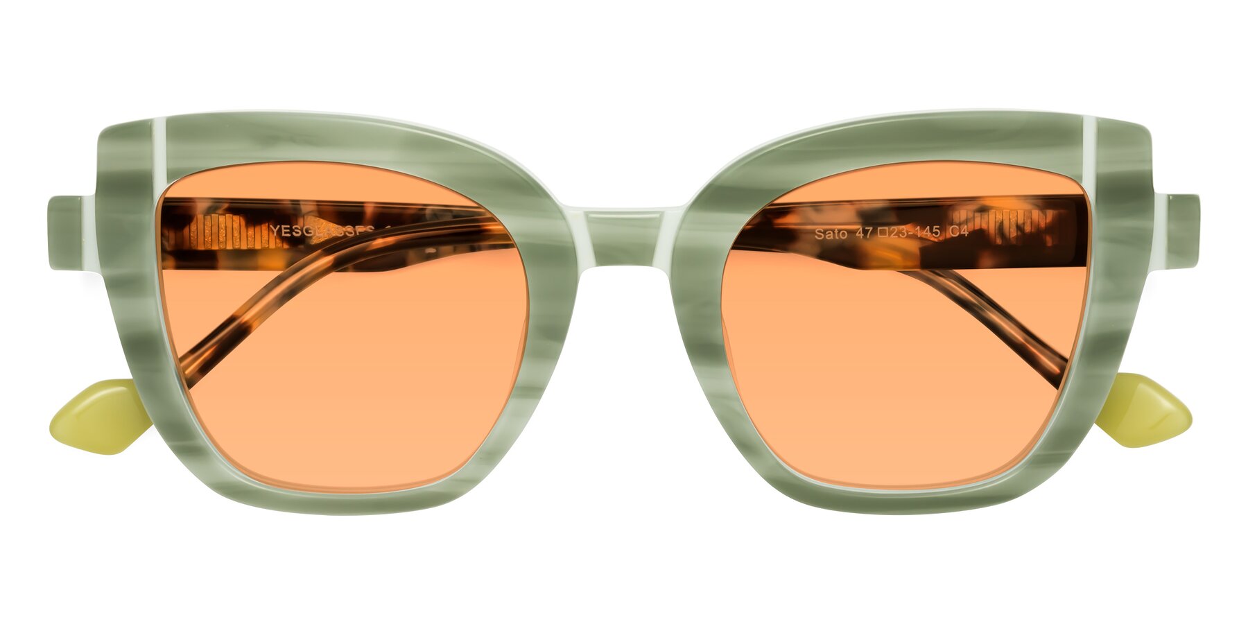 Folded Front of Sato in Stripe Green with Medium Orange Tinted Lenses
