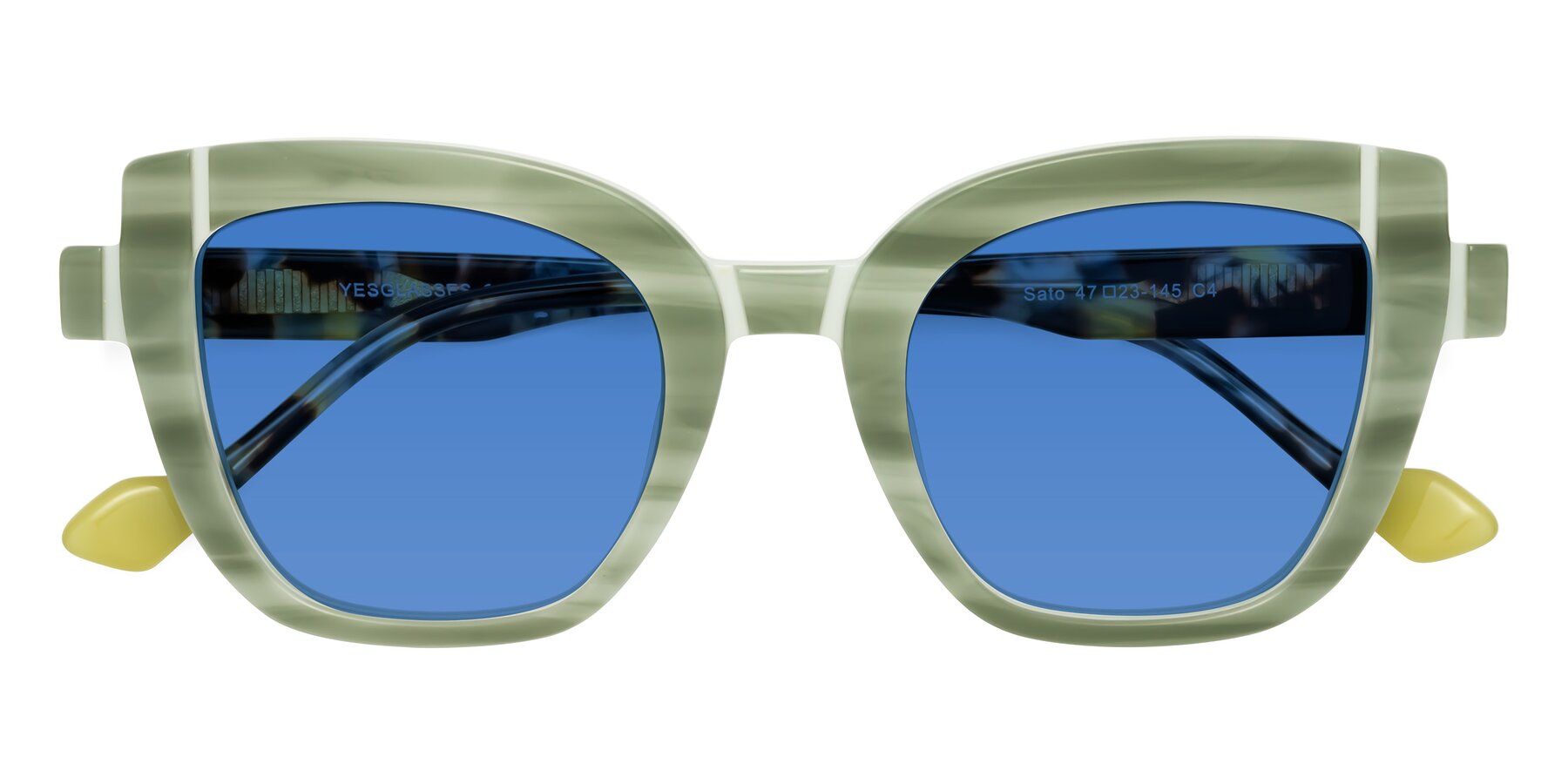 Folded Front of Sato in Stripe Green with Blue Tinted Lenses
