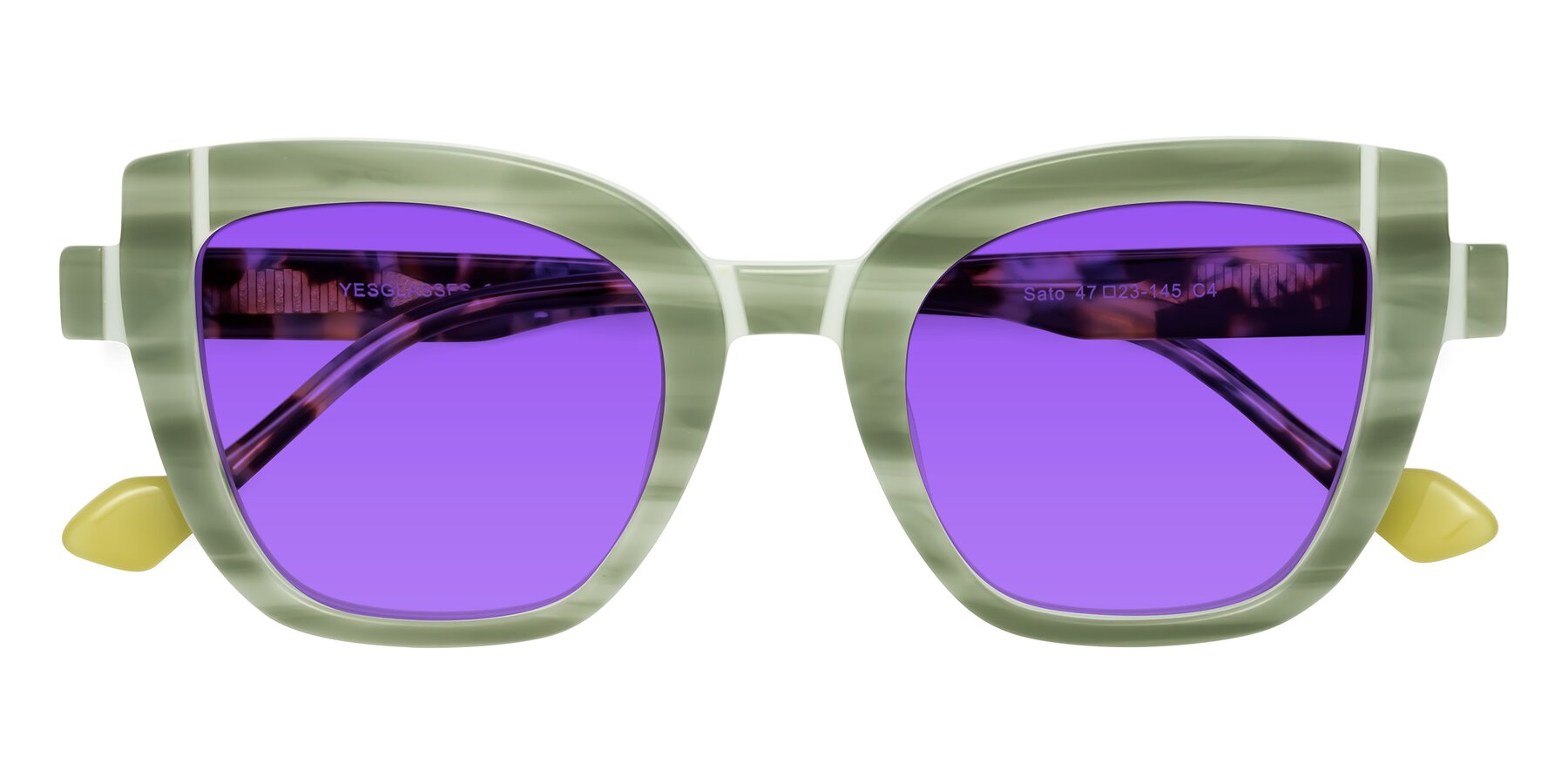 Folded Front of Sato in Stripe Green with Purple Tinted Lenses