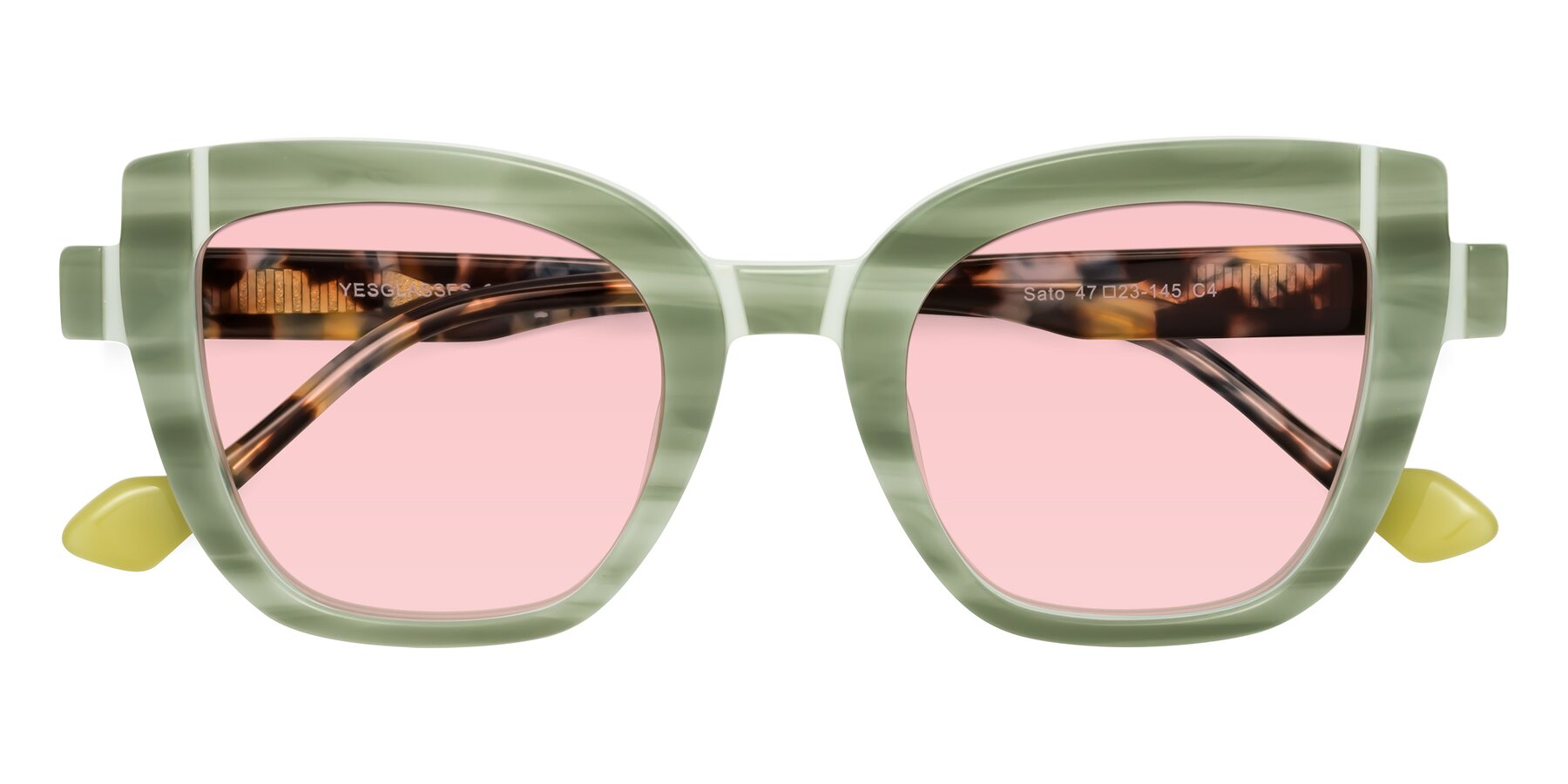 Folded Front of Sato in Stripe Green with Light Garnet Tinted Lenses