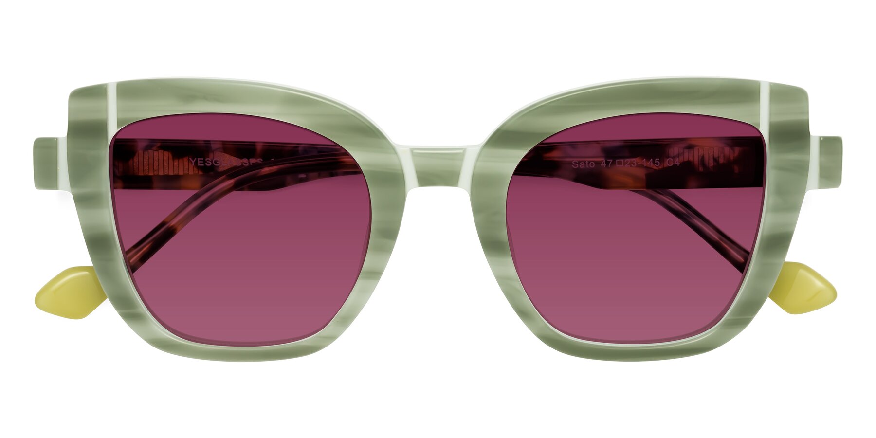 Folded Front of Sato in Stripe Green with Wine Tinted Lenses