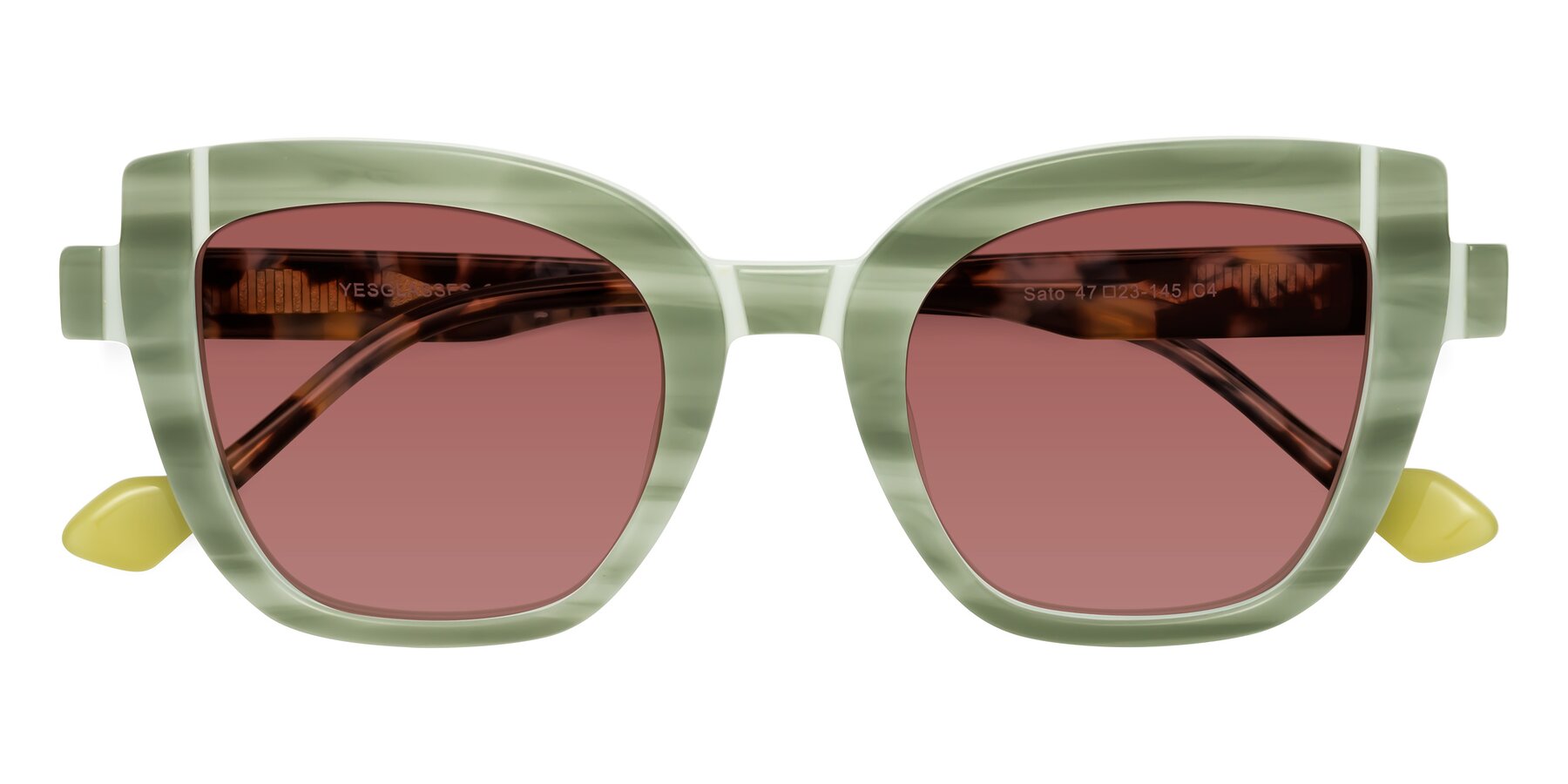 Folded Front of Sato in Stripe Green with Garnet Tinted Lenses