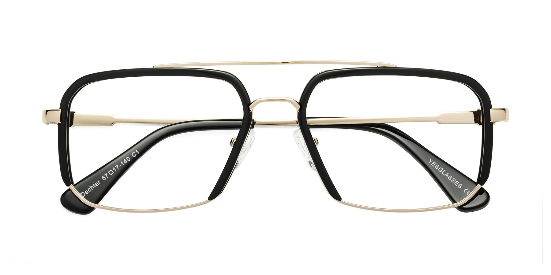 Folded Front of Dechter in Black-Gold with Clear Eyeglass Lenses
