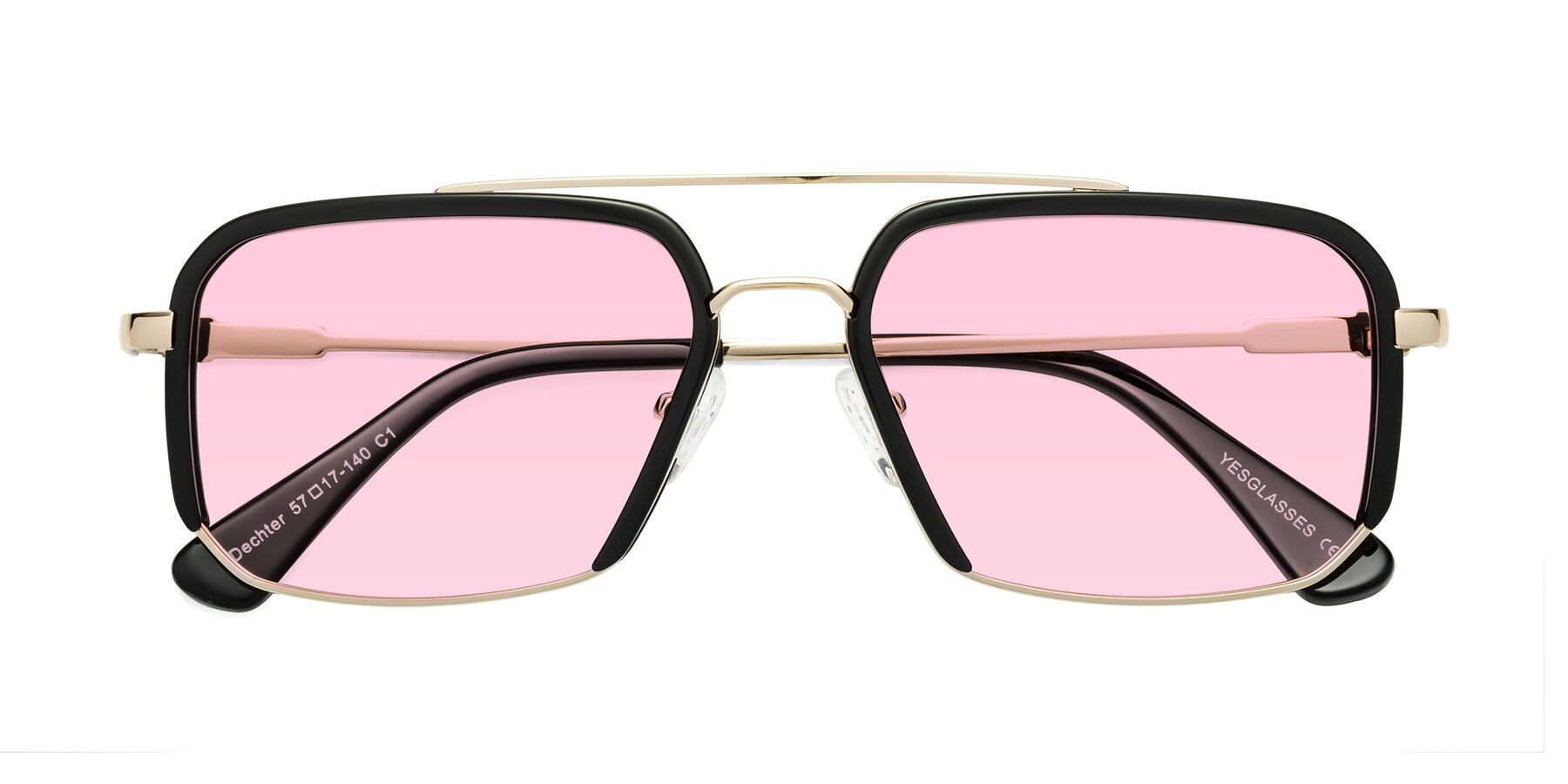 Folded Front of Dechter in Black-Gold with Light Pink Tinted Lenses