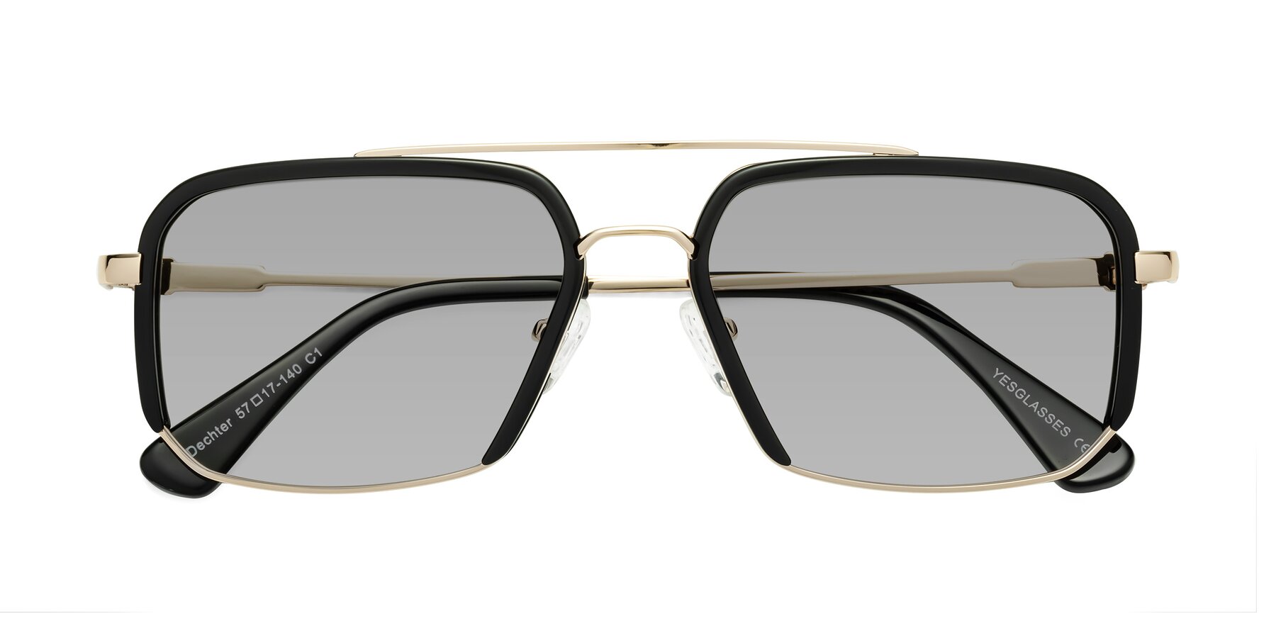 Folded Front of Dechter in Black-Gold with Light Gray Tinted Lenses