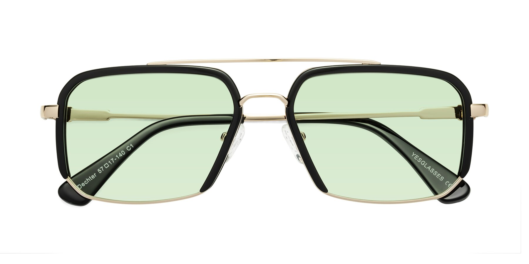 Folded Front of Dechter in Black-Gold with Light Green Tinted Lenses