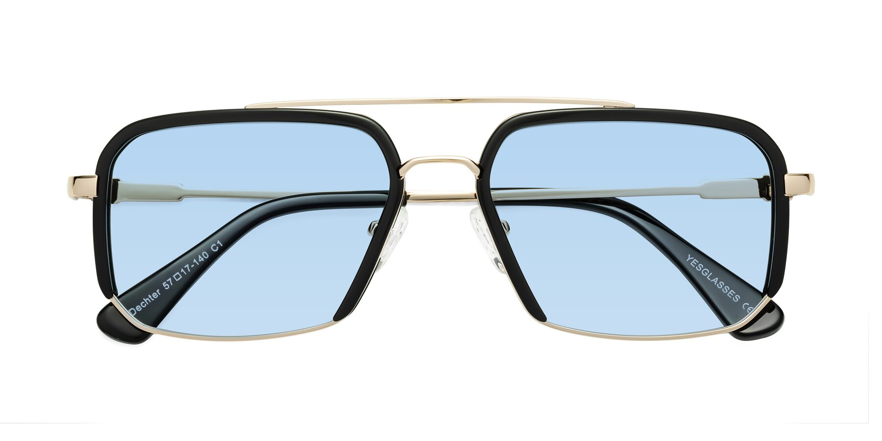 Folded Front of Dechter in Black-Gold with Light Blue Tinted Lenses
