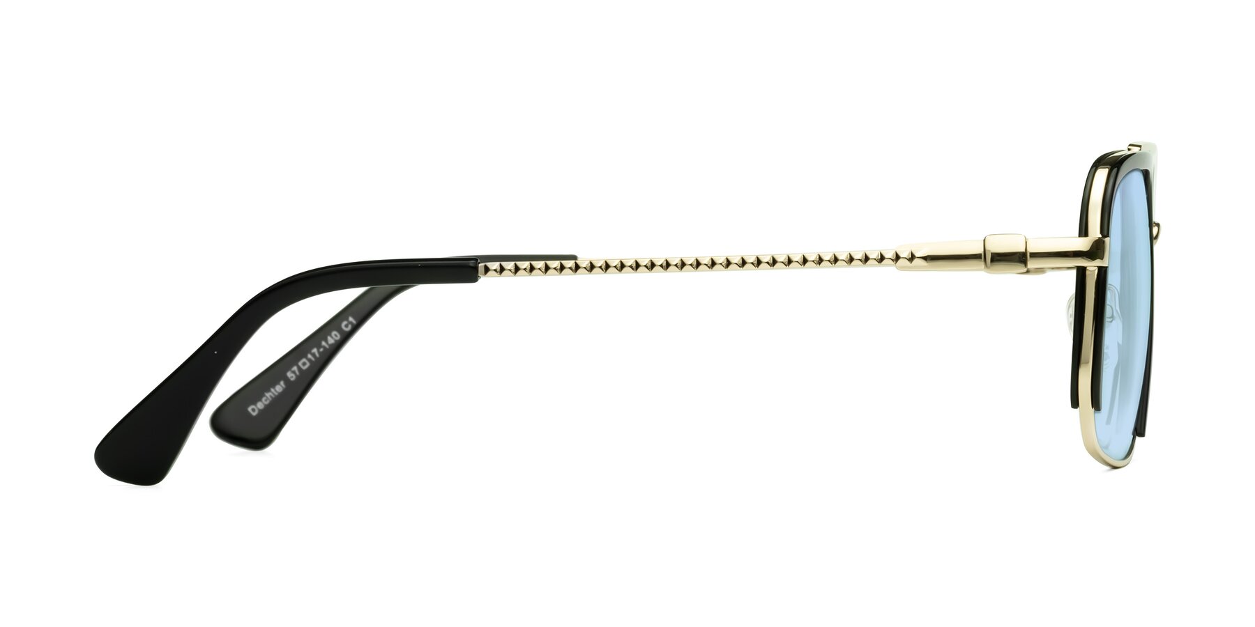 Side of Dechter in Black-Gold with Light Blue Tinted Lenses