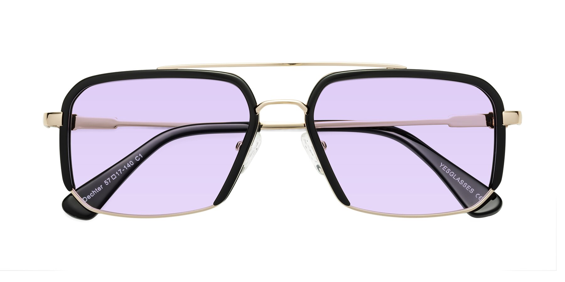 Folded Front of Dechter in Black-Gold with Light Purple Tinted Lenses