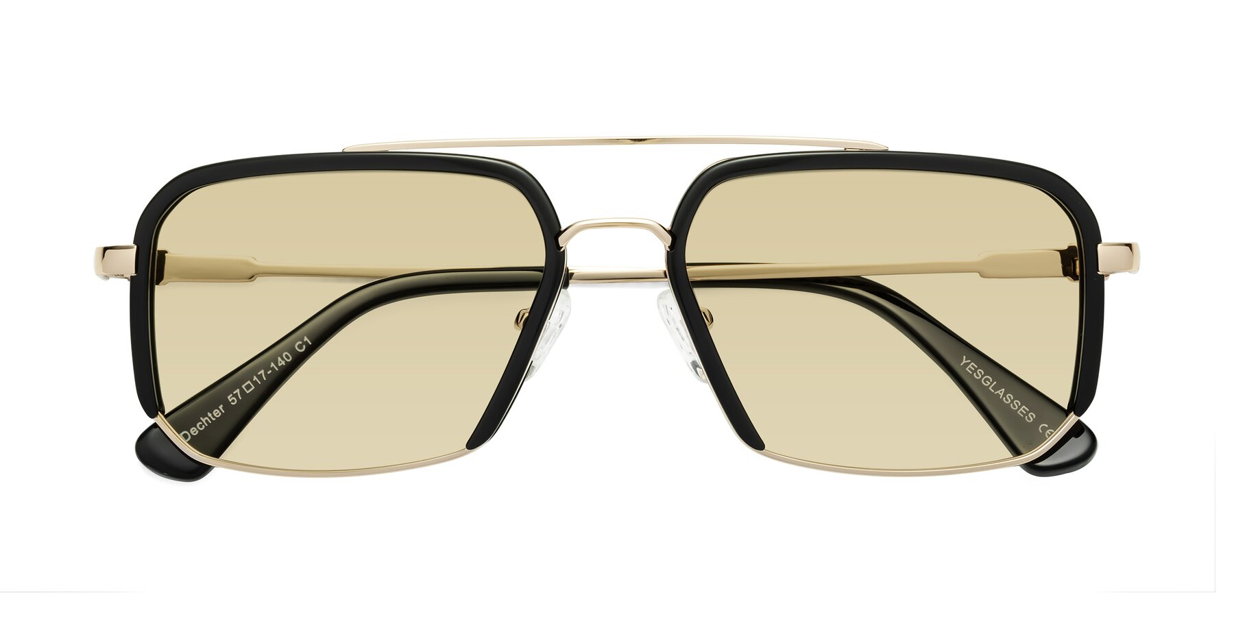 Folded Front of Dechter in Black-Gold with Light Champagne Tinted Lenses