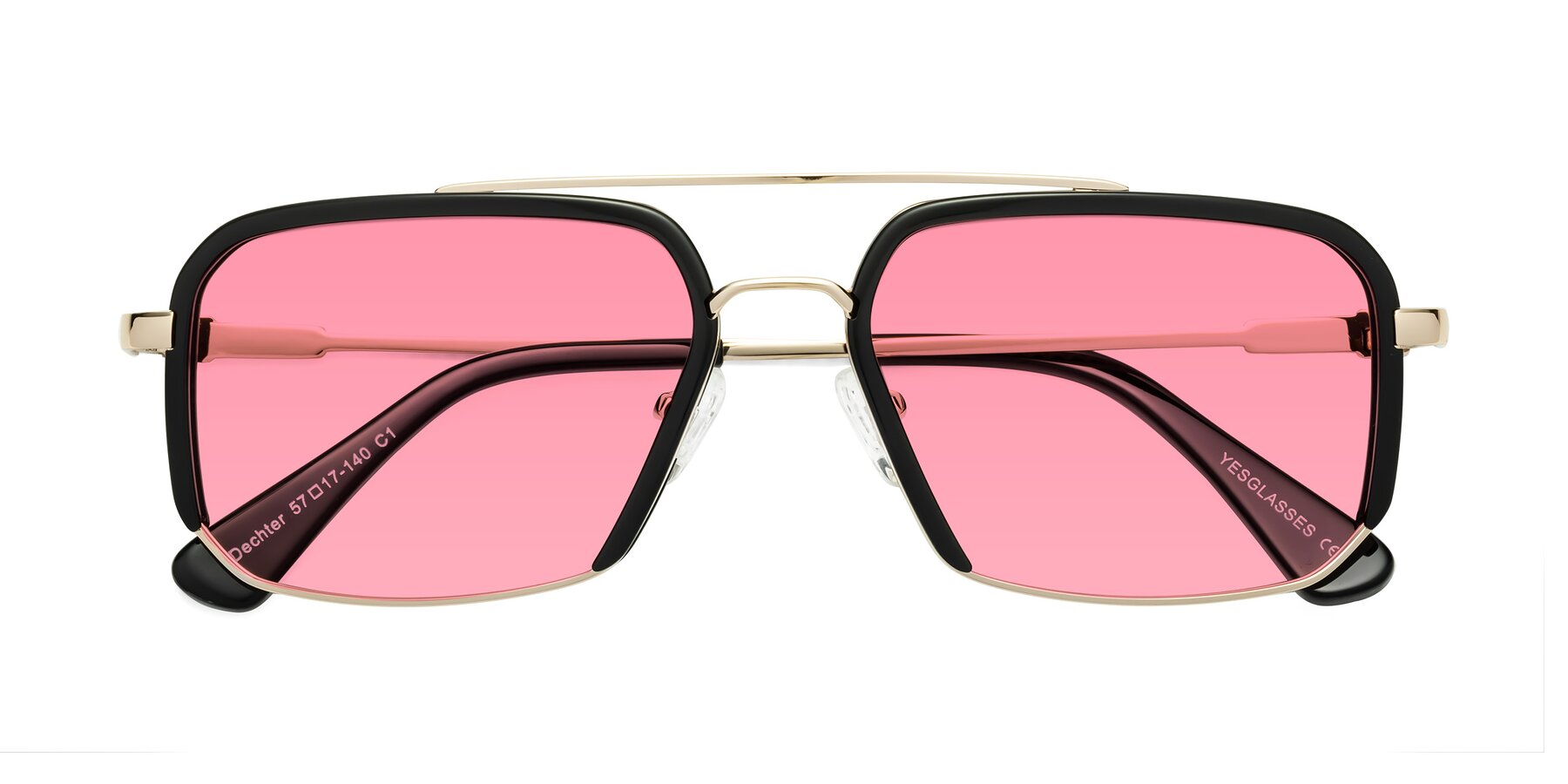 Folded Front of Dechter in Black-Gold with Pink Tinted Lenses