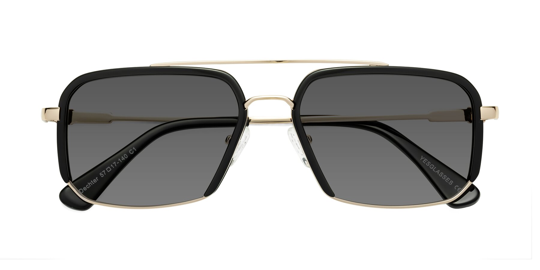 Folded Front of Dechter in Black-Gold with Medium Gray Tinted Lenses