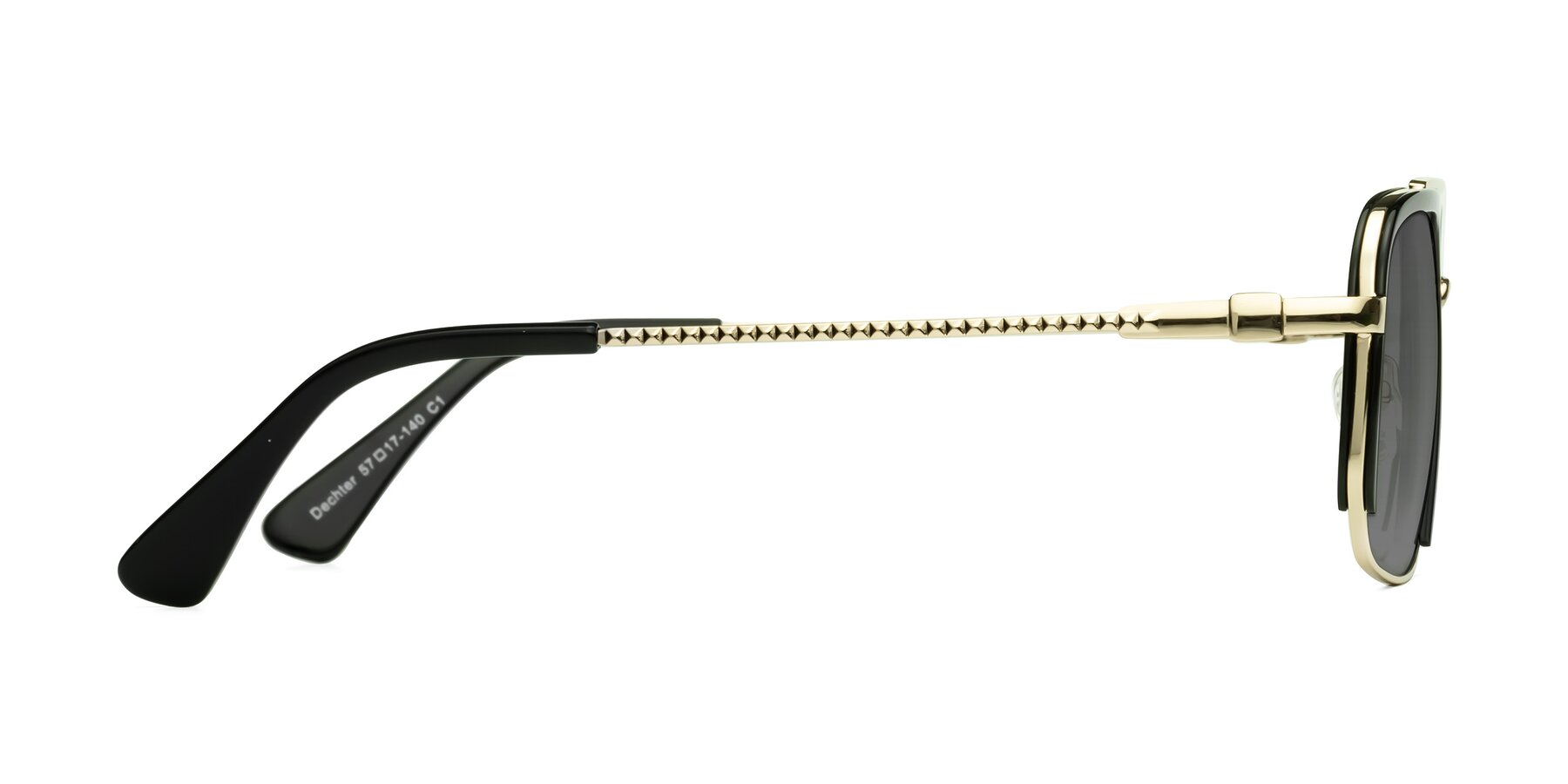 Side of Dechter in Black-Gold with Medium Gray Tinted Lenses