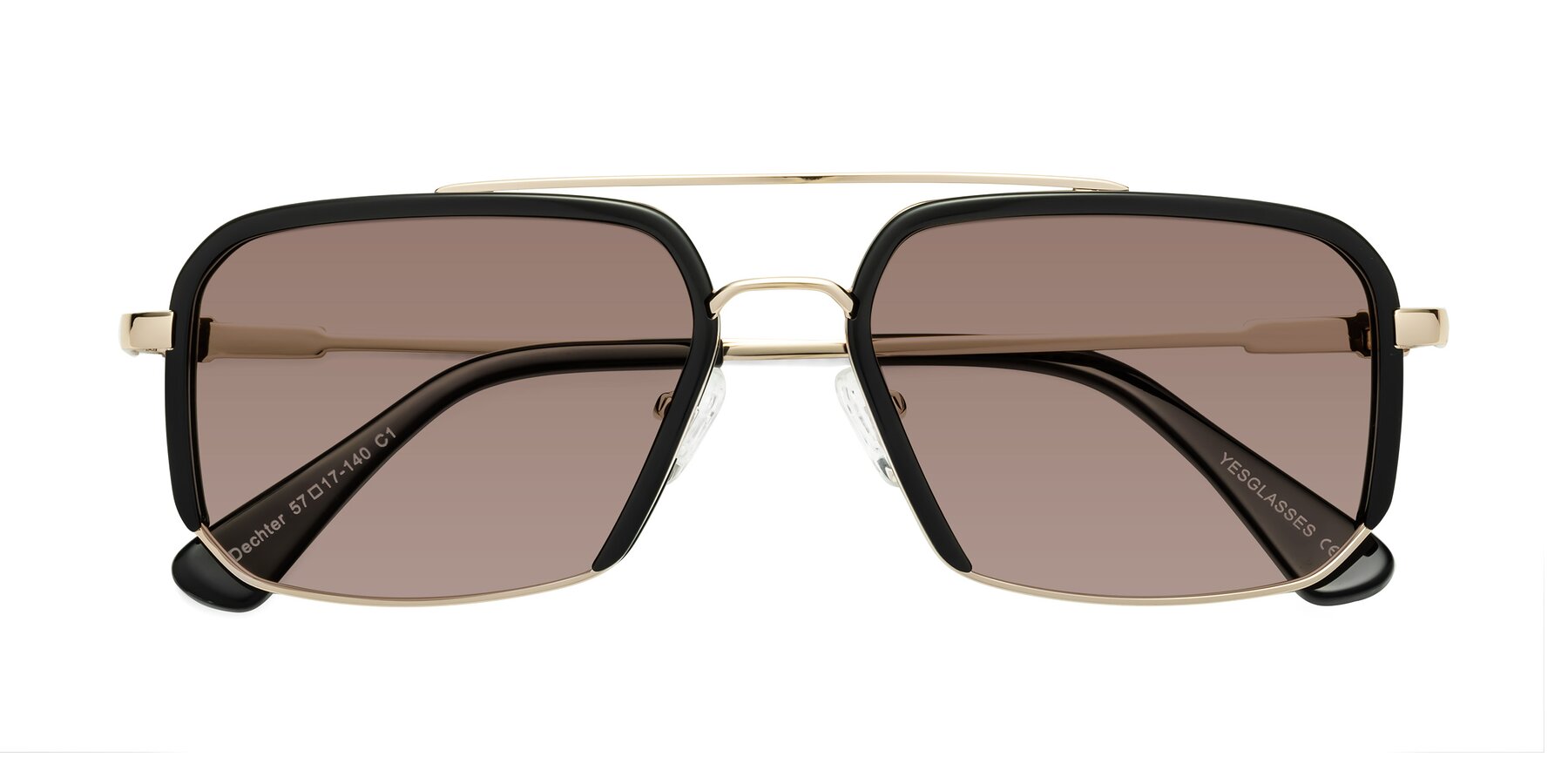 Folded Front of Dechter in Black-Gold with Medium Brown Tinted Lenses