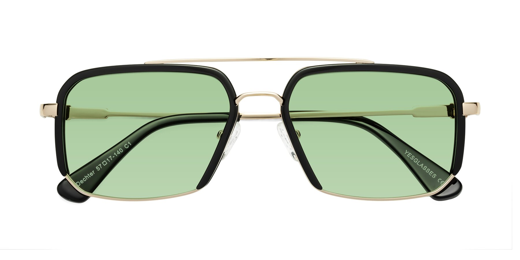 Folded Front of Dechter in Black-Gold with Medium Green Tinted Lenses