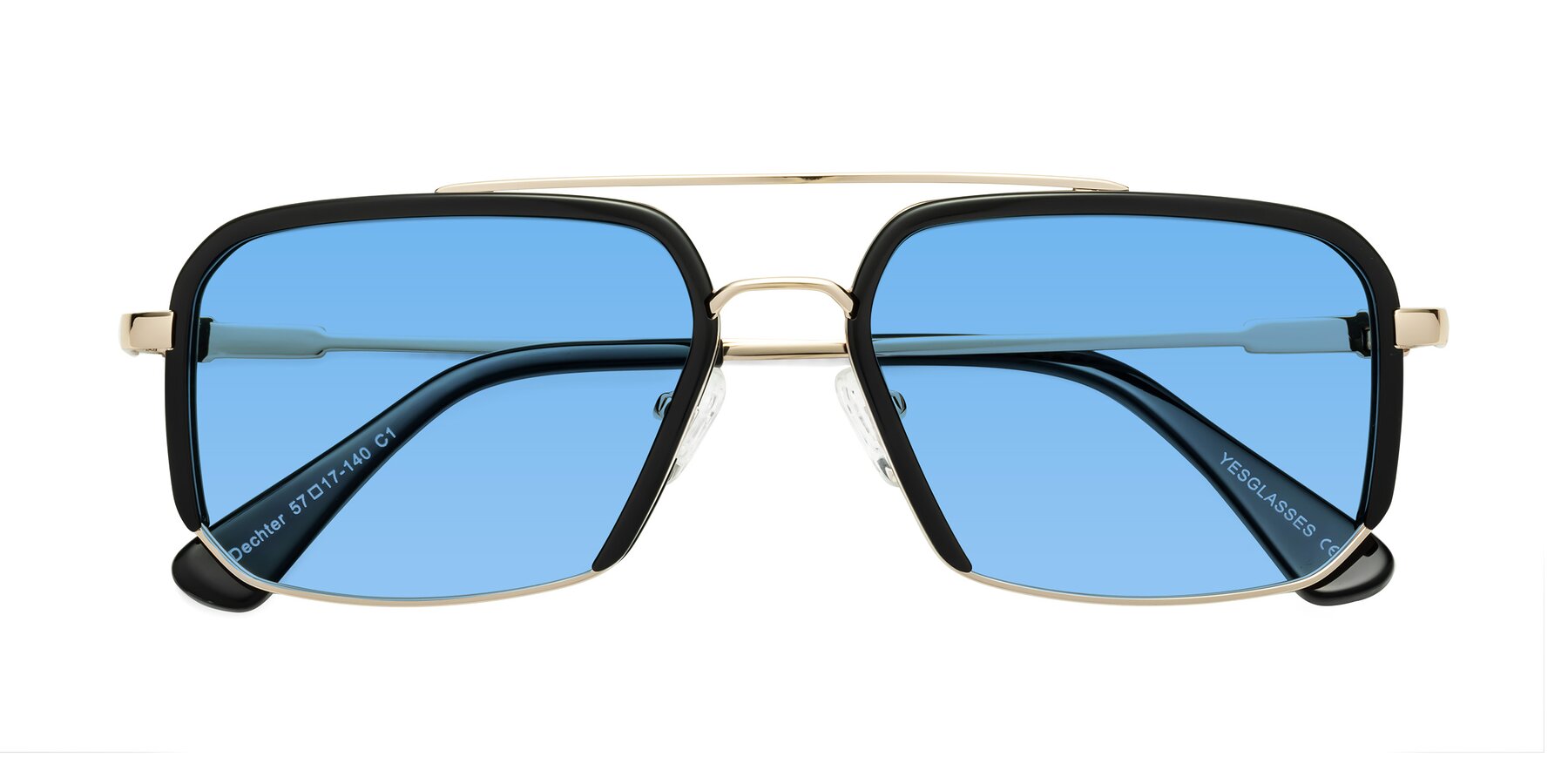 Folded Front of Dechter in Black-Gold with Medium Blue Tinted Lenses