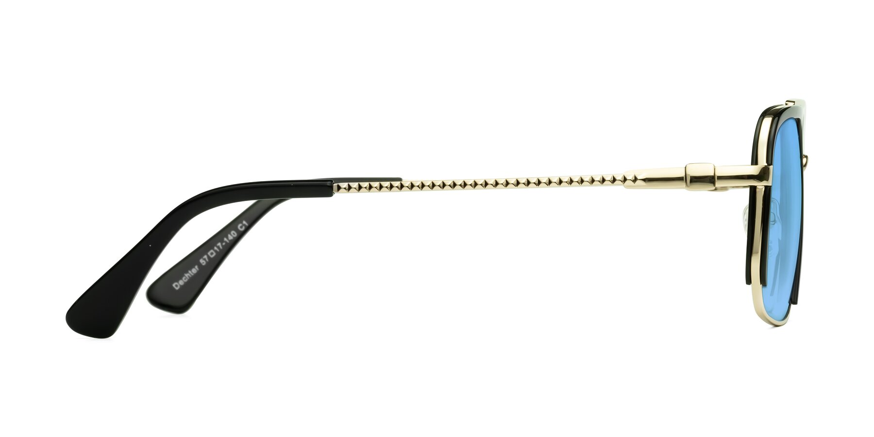 Side of Dechter in Black-Gold with Medium Blue Tinted Lenses