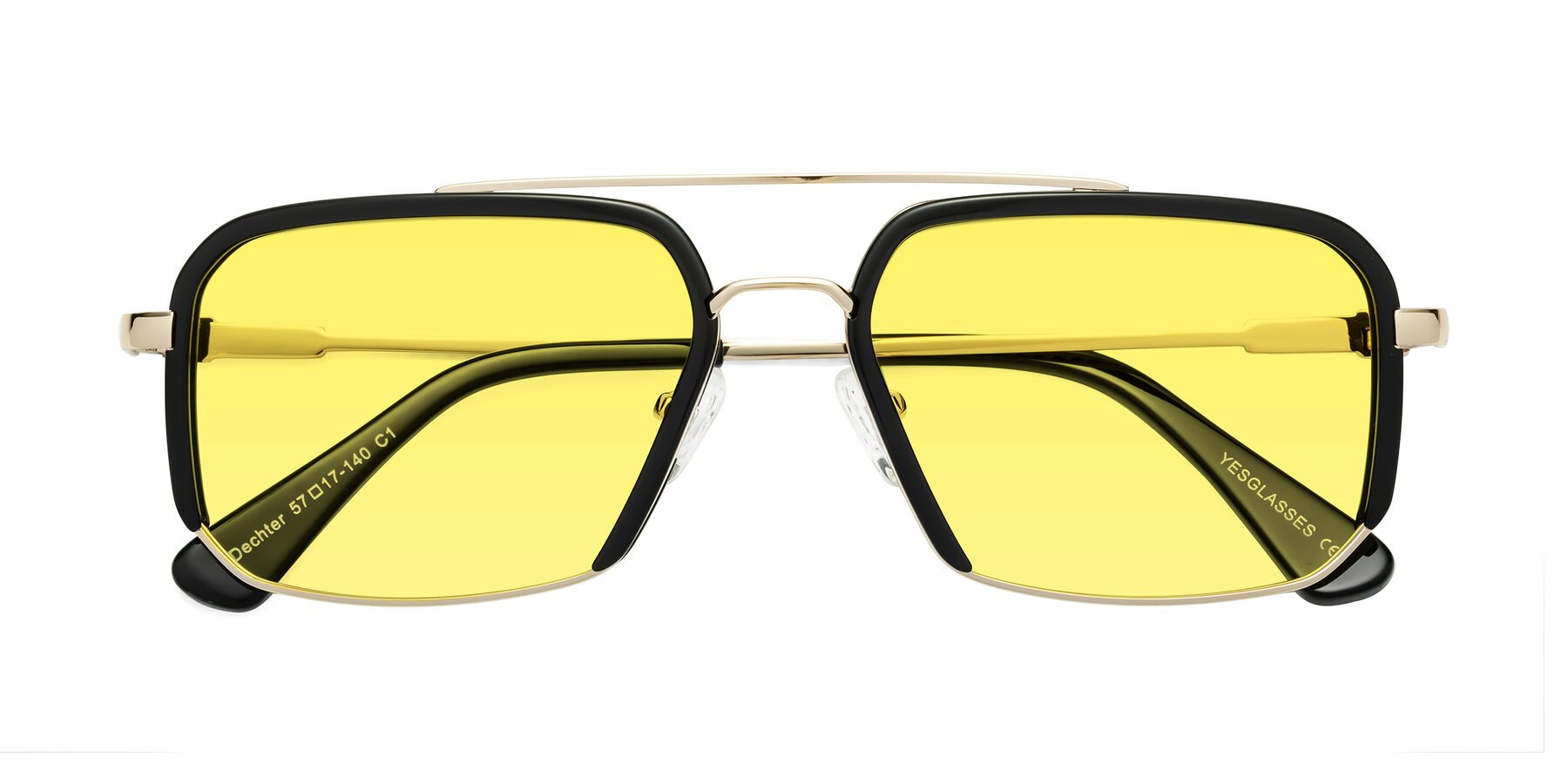 Folded Front of Dechter in Black-Gold with Medium Yellow Tinted Lenses