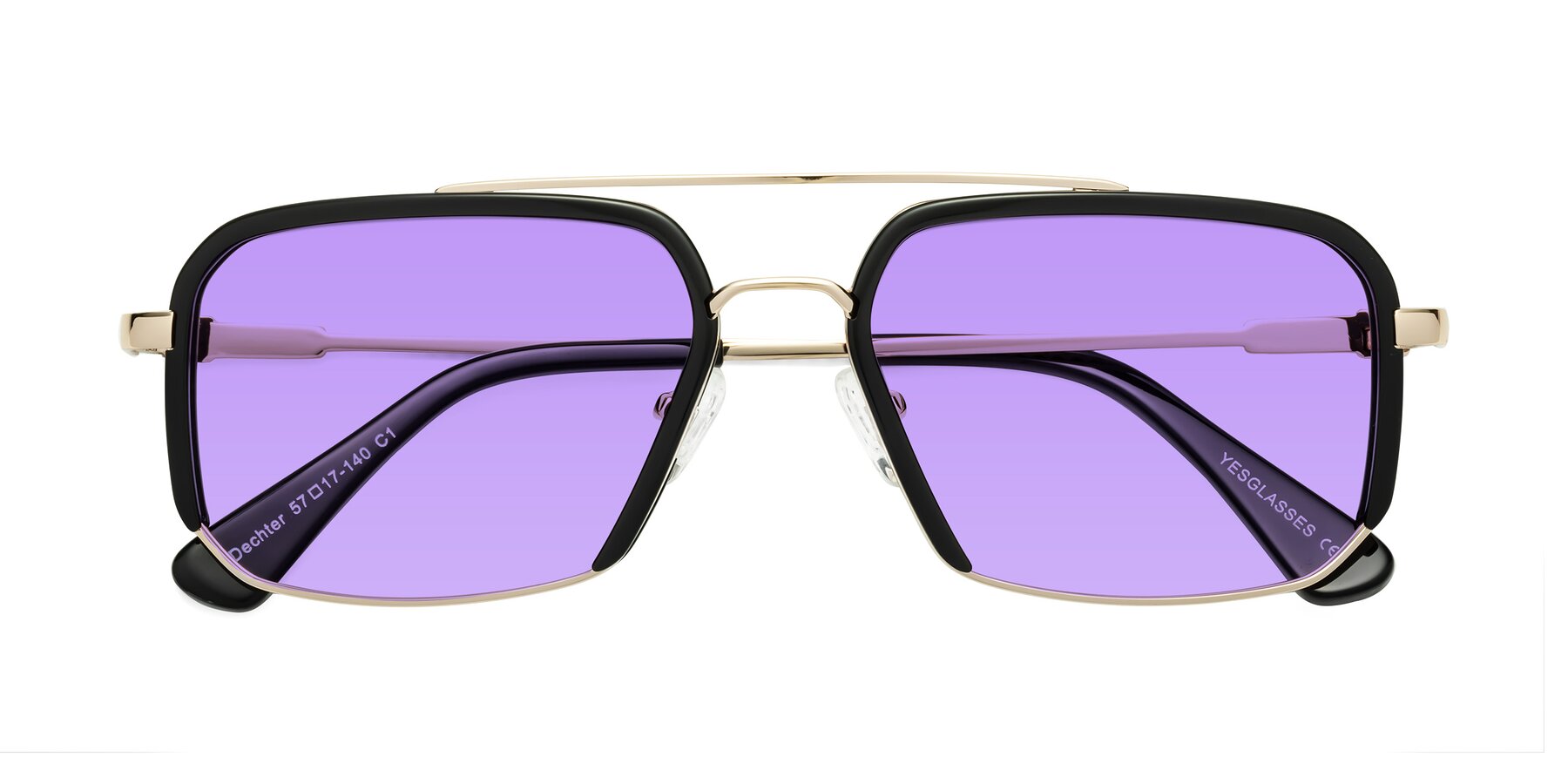 Folded Front of Dechter in Black-Gold with Medium Purple Tinted Lenses
