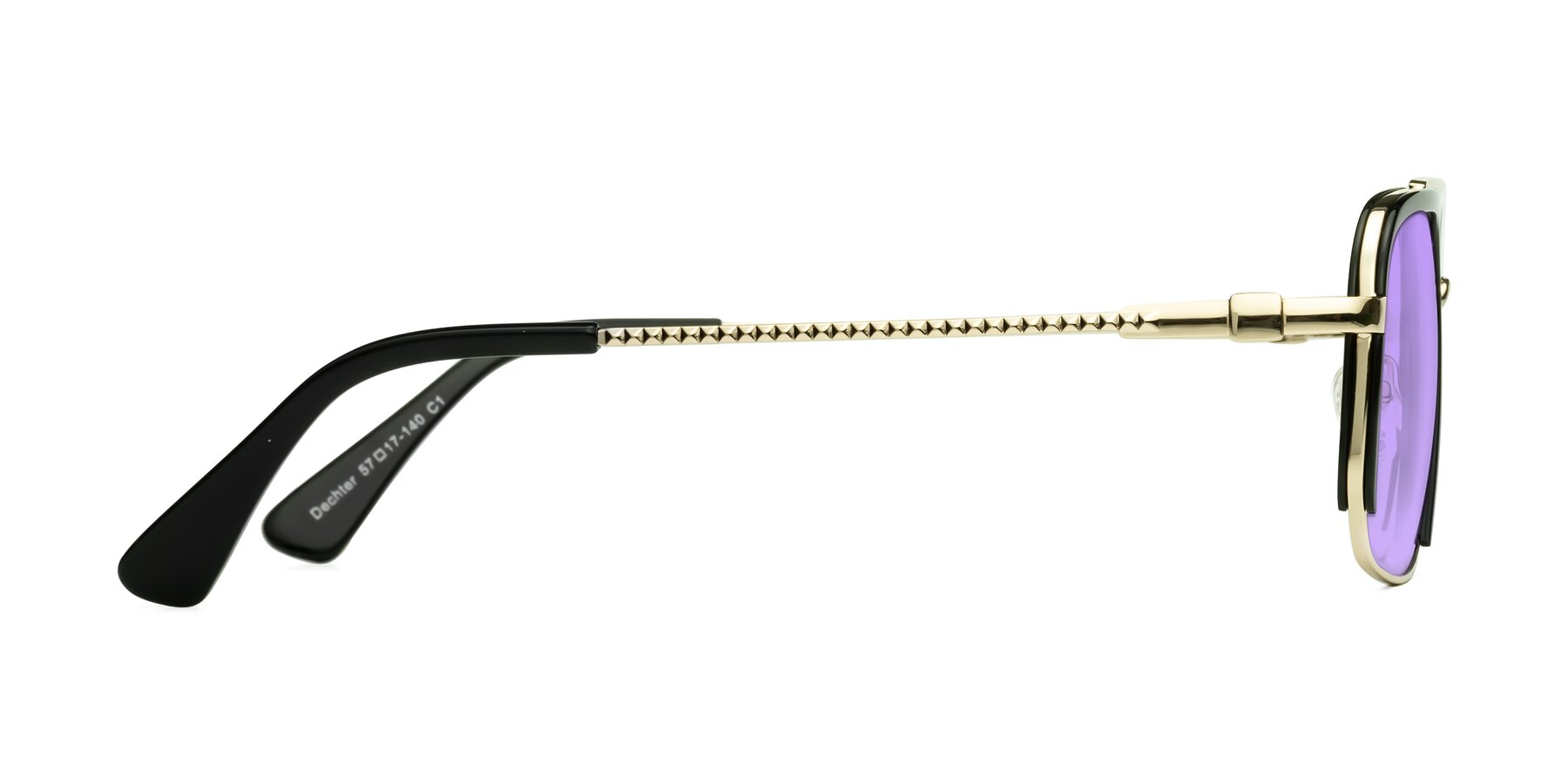 Side of Dechter in Black-Gold with Medium Purple Tinted Lenses