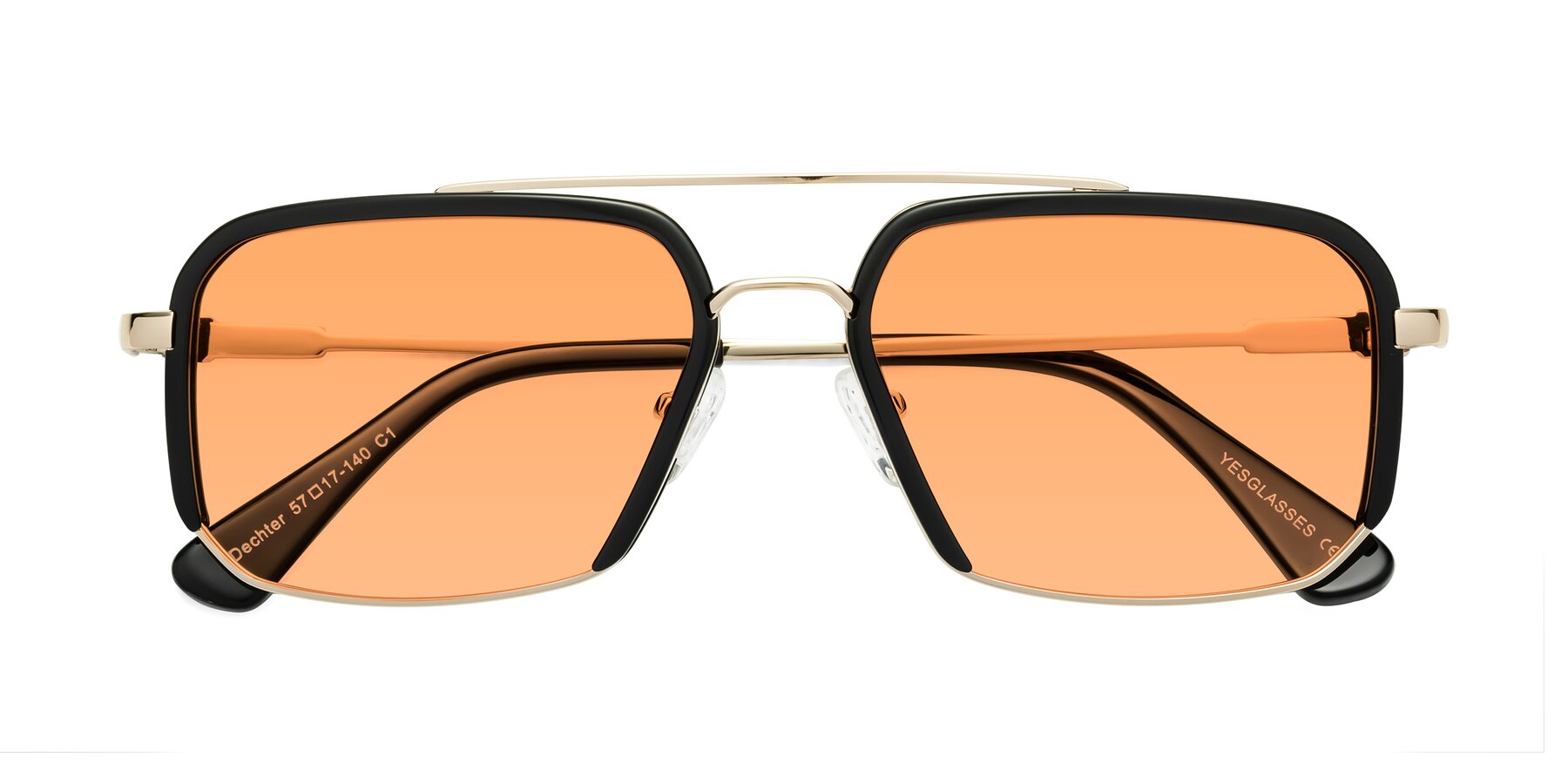 Folded Front of Dechter in Black-Gold with Medium Orange Tinted Lenses