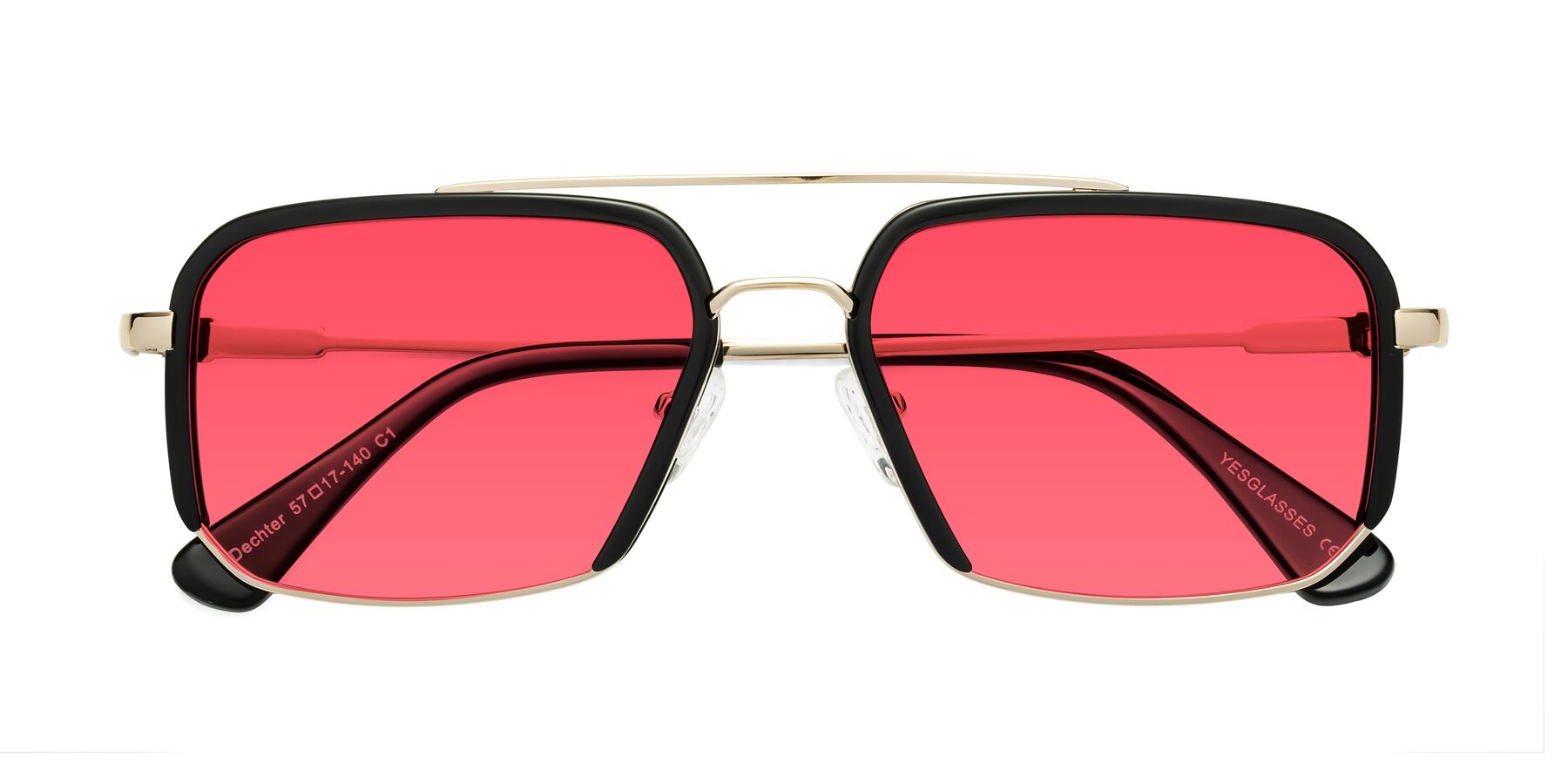 Folded Front of Dechter in Black-Gold with Red Tinted Lenses