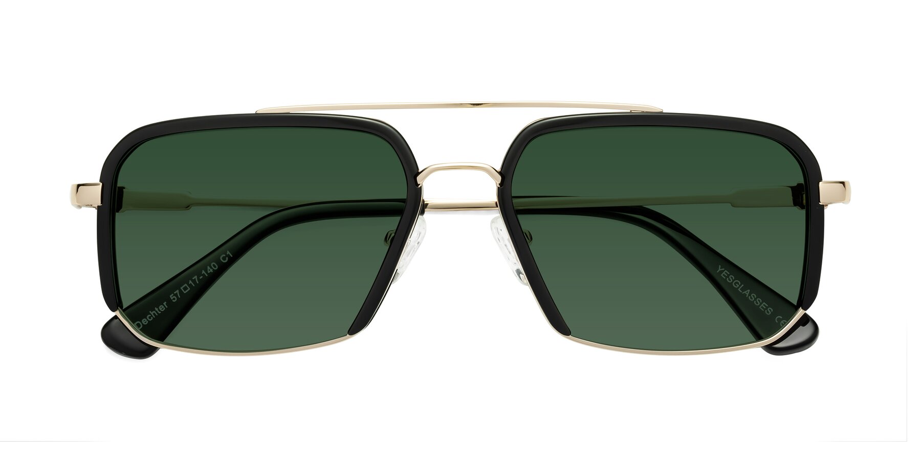 Folded Front of Dechter in Black-Gold with Green Tinted Lenses