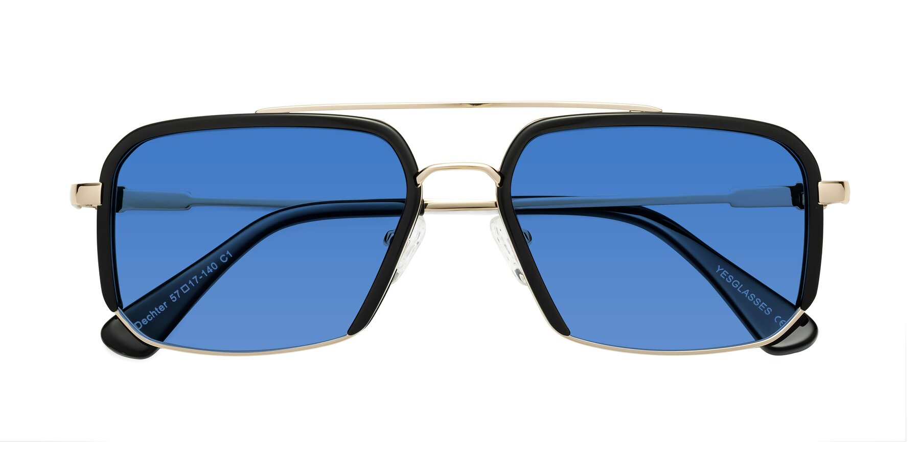 Folded Front of Dechter in Black-Gold with Blue Tinted Lenses