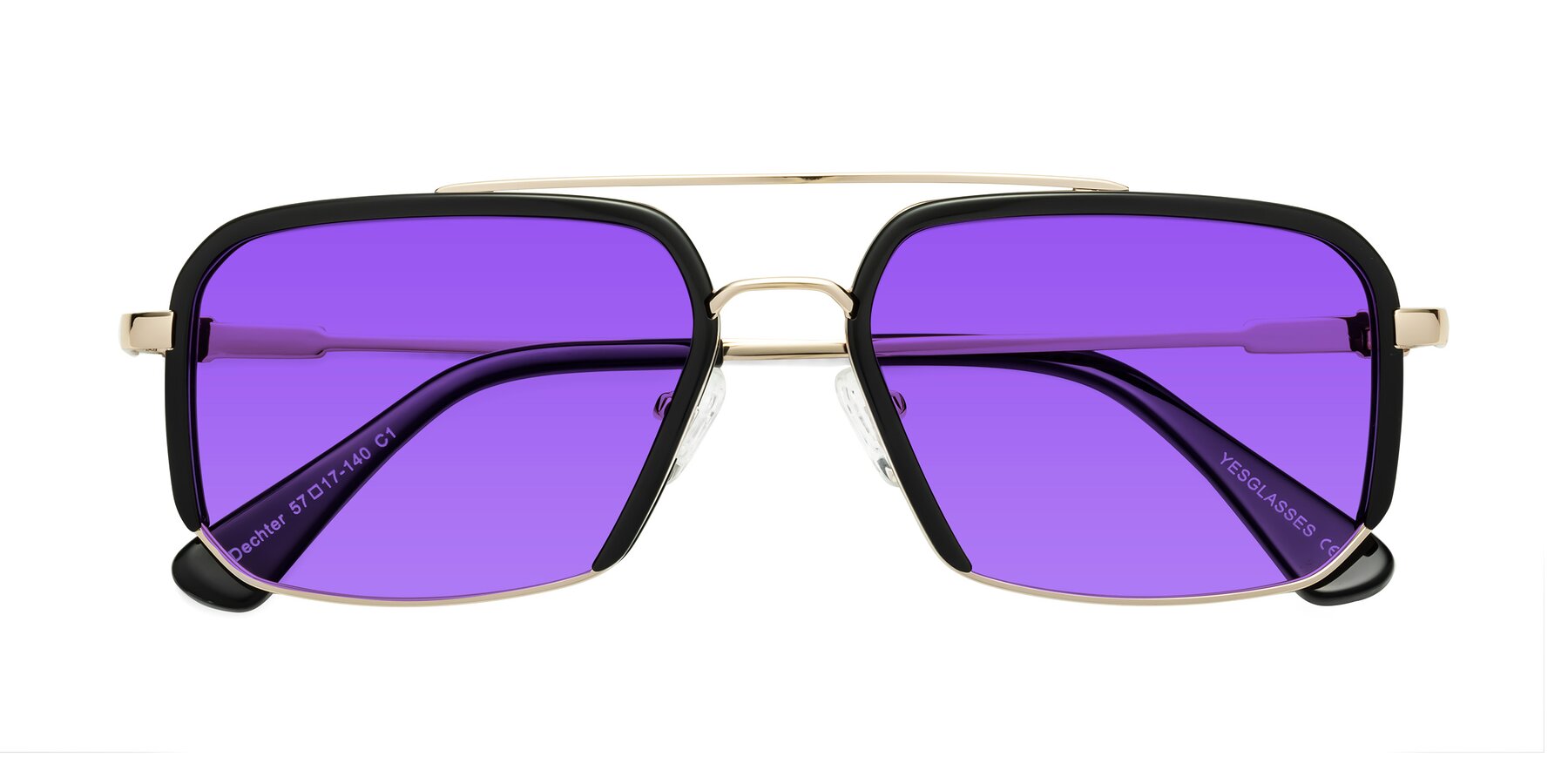 Folded Front of Dechter in Black-Gold with Purple Tinted Lenses