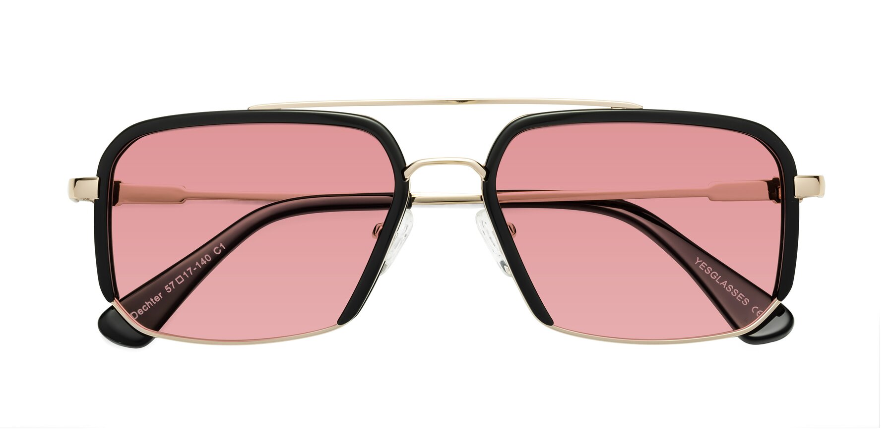 Folded Front of Dechter in Black-Gold with Medium Garnet Tinted Lenses