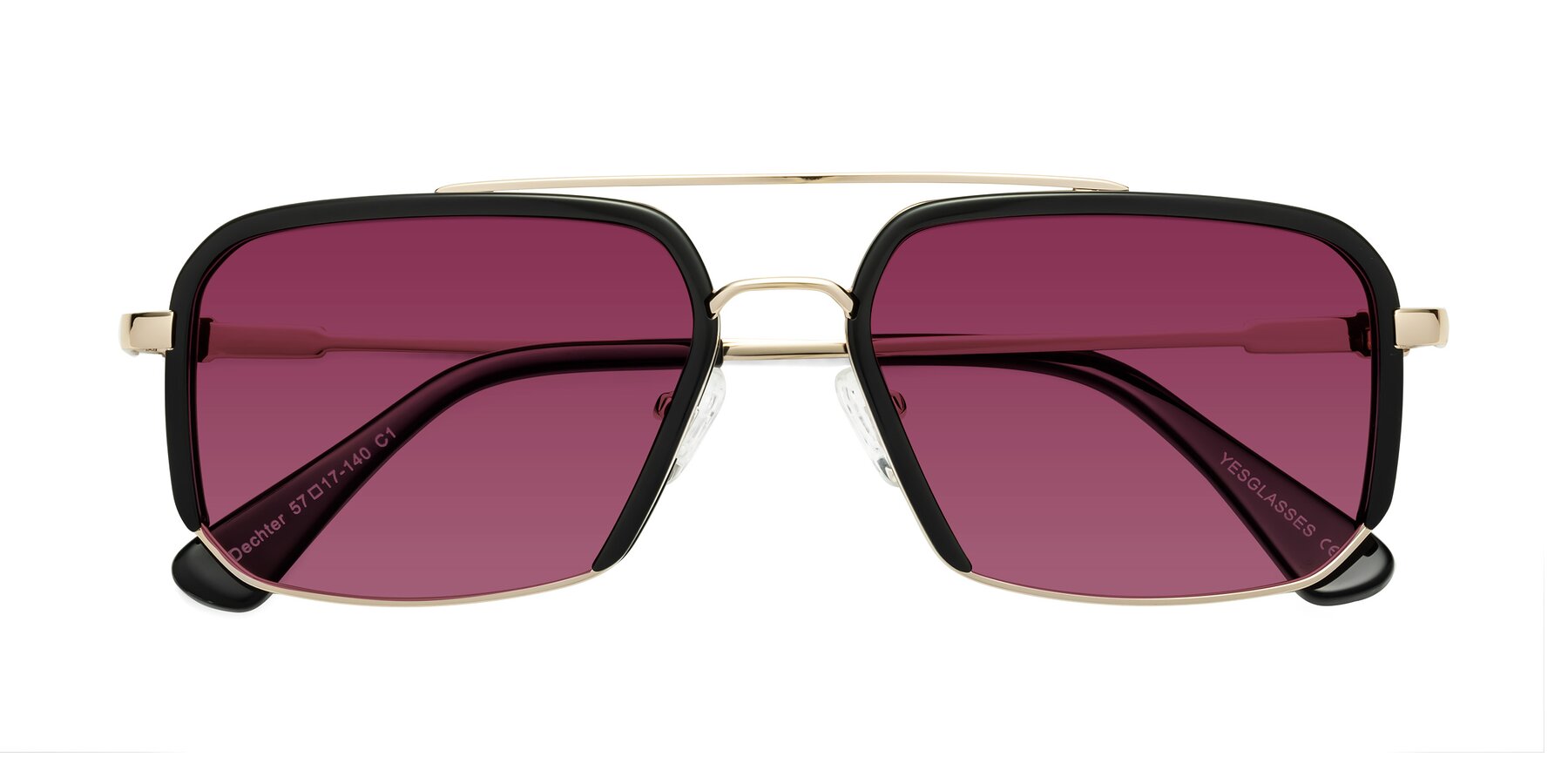 Folded Front of Dechter in Black-Gold with Wine Tinted Lenses